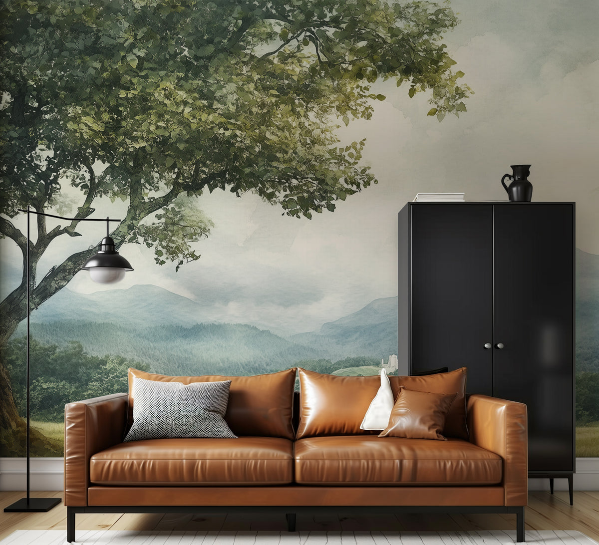Cloudy Scenic Wall Mural - Vintage Green Mountain Valley Landscape