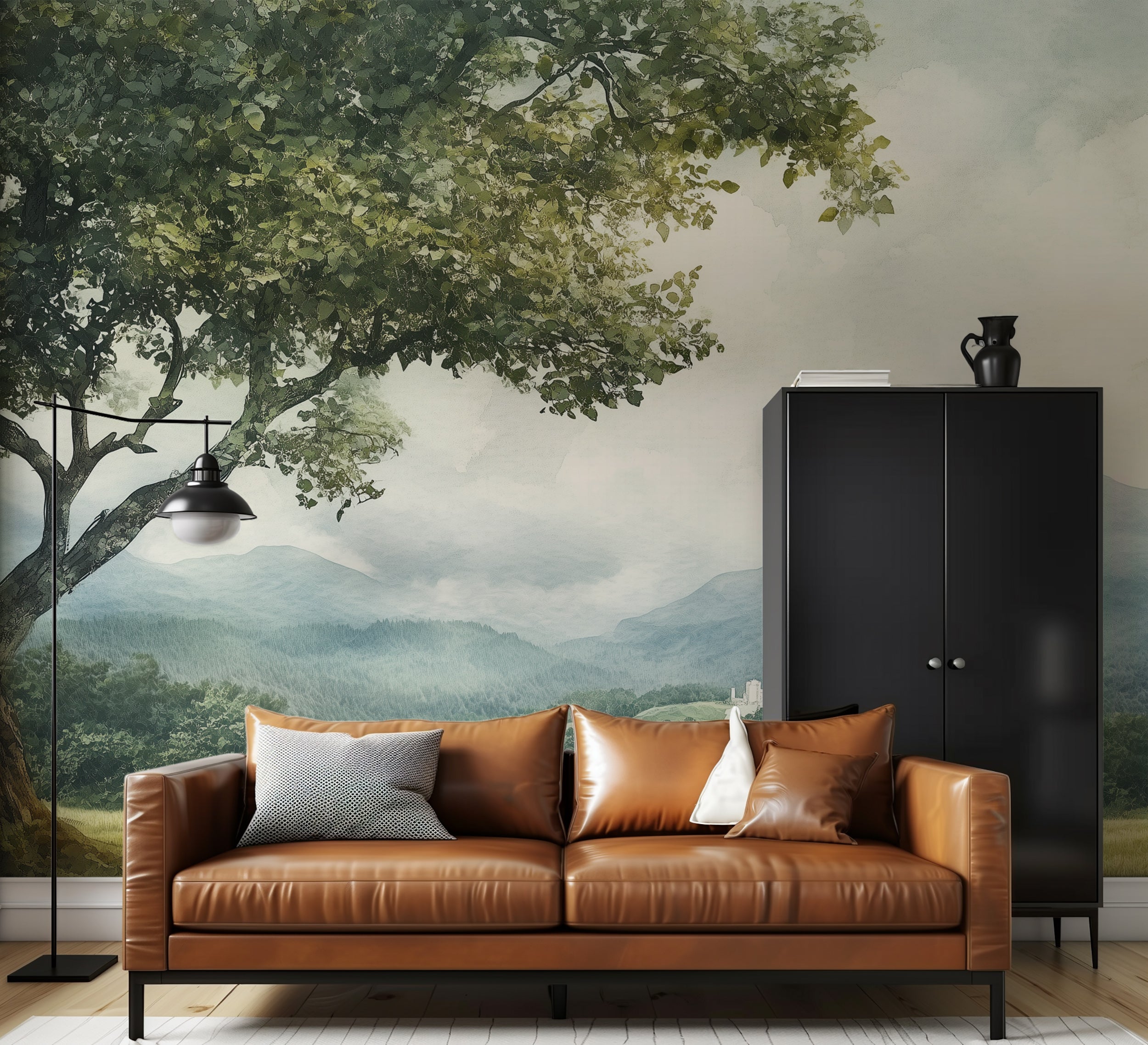 Peel-and-stick cloudy landscape wallpaper for accent walls.
Tranquil mountain mural with a cloudy vintage theme.