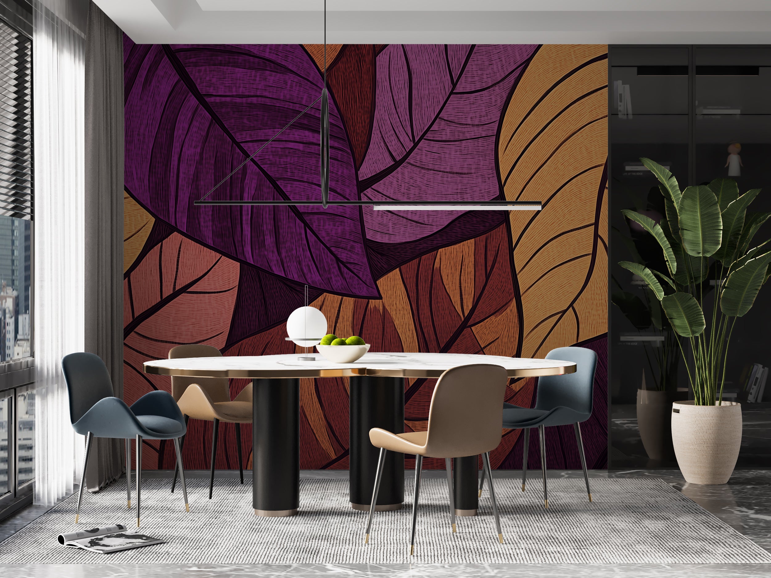 Accent wall mural with purple and yellow leaves.
Peel-and-stick large-scale botanical tree mural.