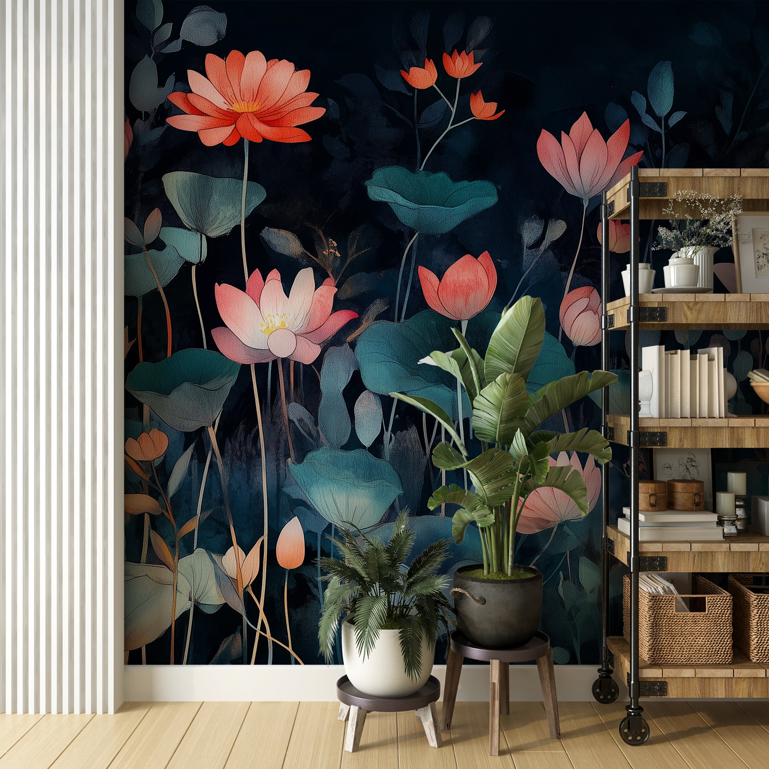 Lotus flower mural with dramatic botanical design.
Elegant dark floral wallpaper for accent walls.