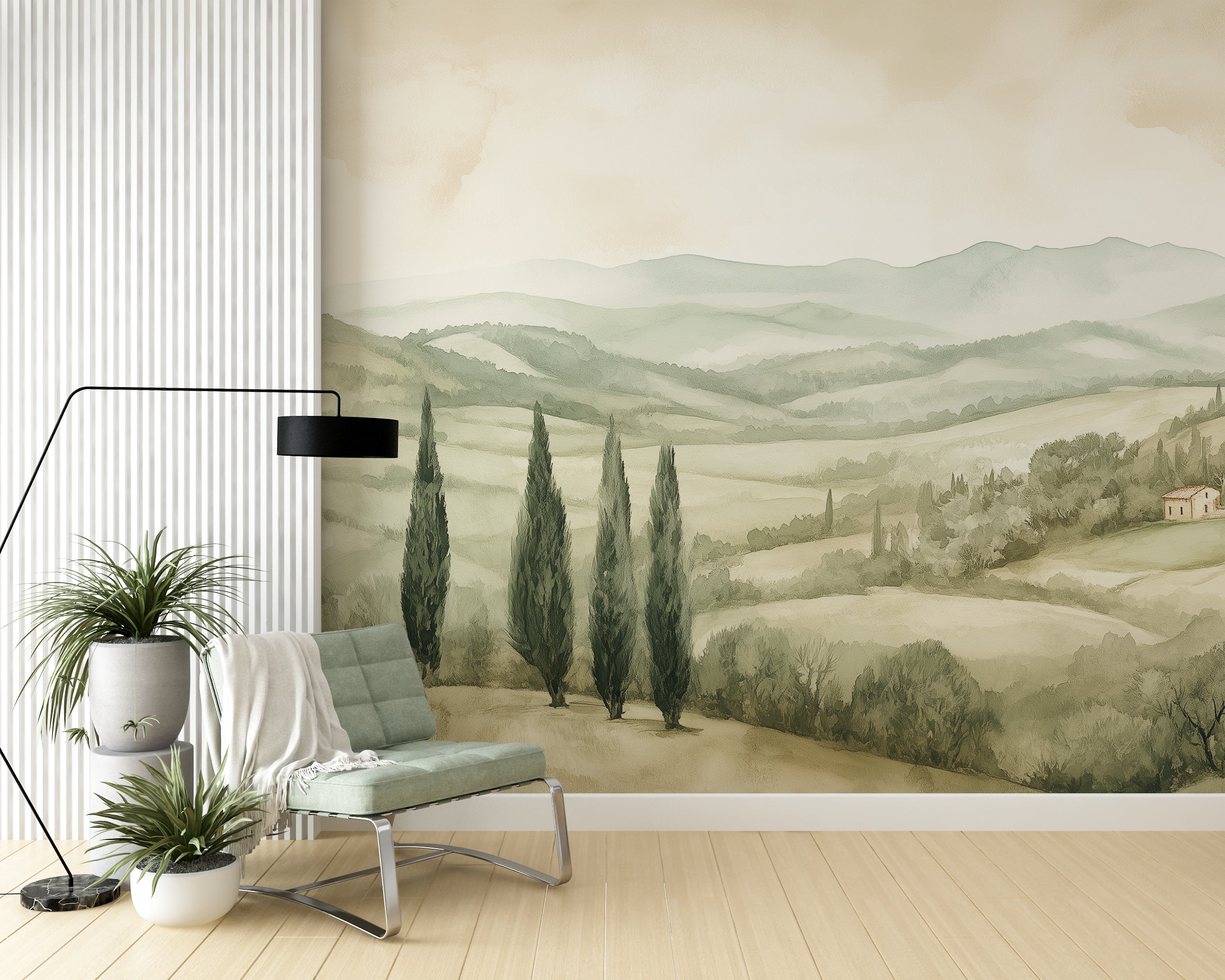 Soft watercolor fields wallpaper for serene interiors.
Green fields scenic wall mural with natural charm.