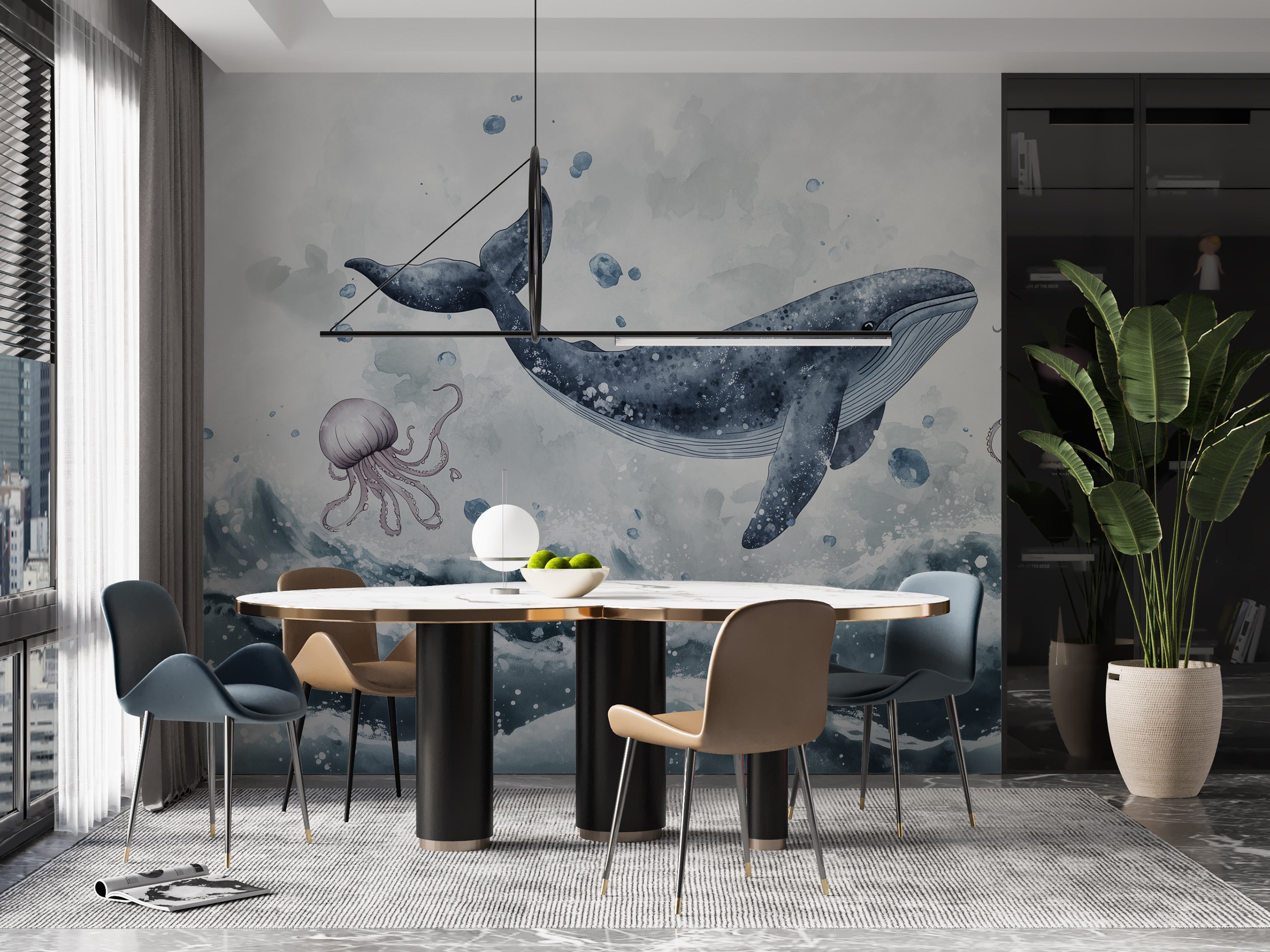 Peel-and-stick ocean life mural with watercolor art.
Abstract underwater mural with whales and ocean animals.