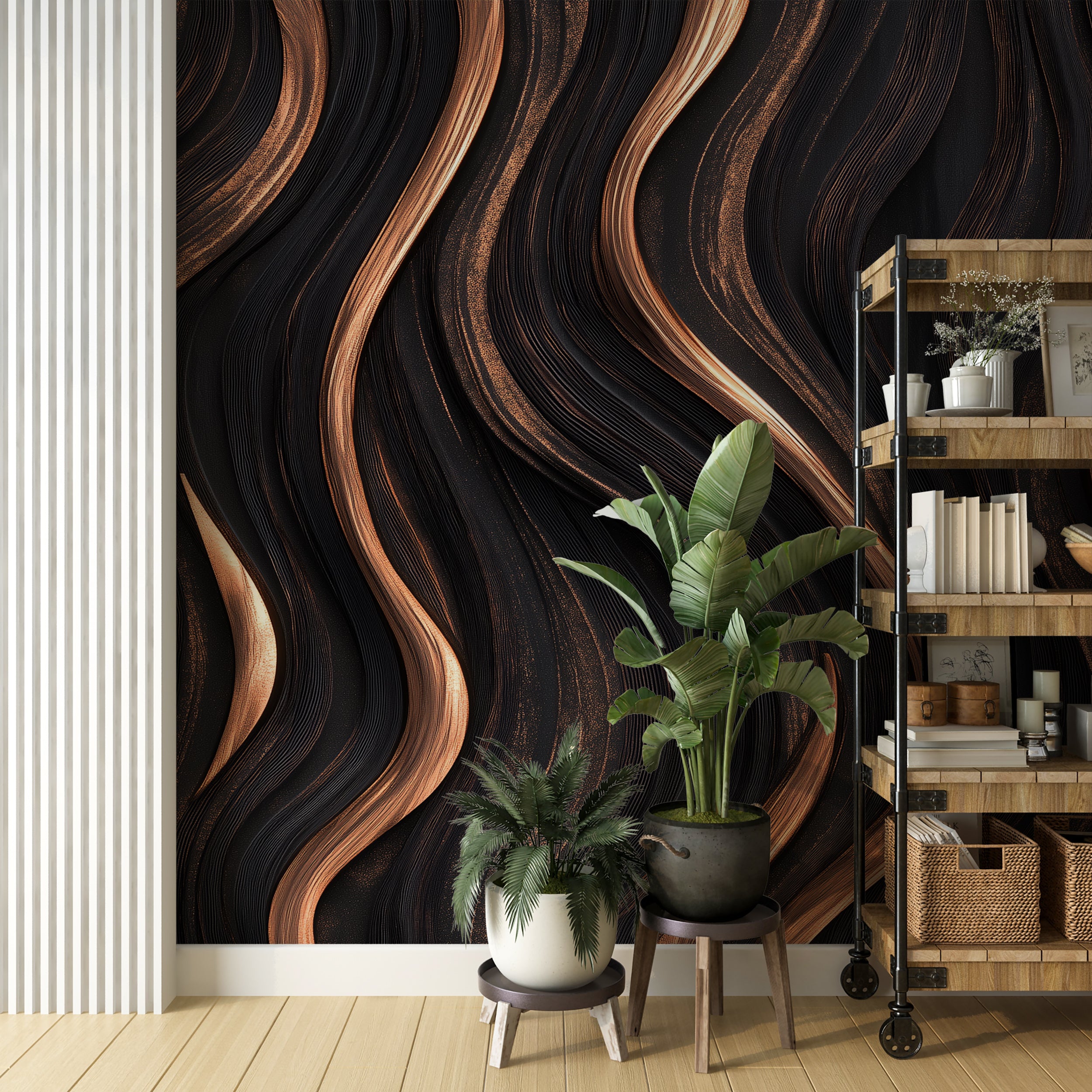 Modern wood waves wallpaper with abstract design.
Bold and stylish dark brown wooden waves mural.