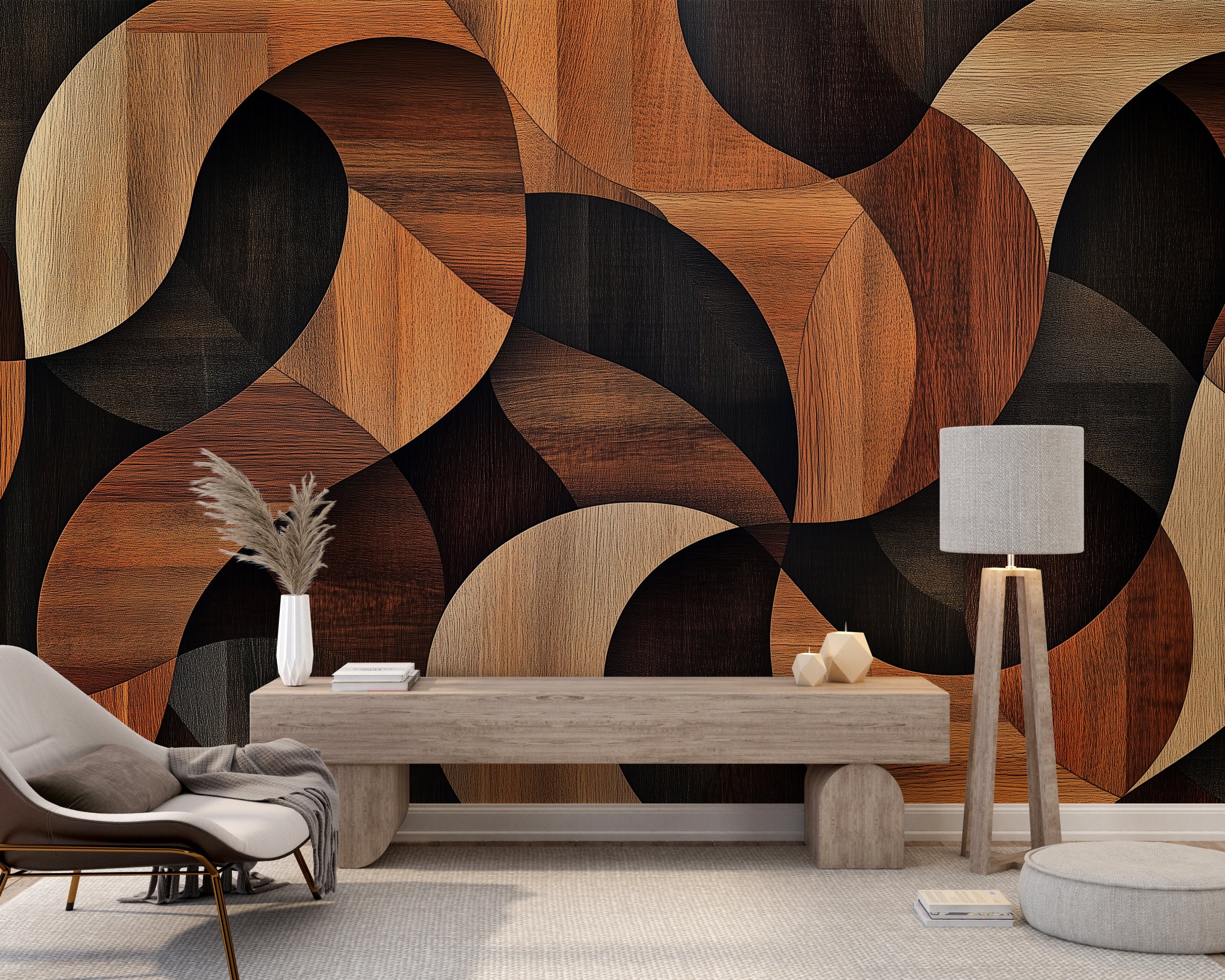 Wooden shapes wallpaper with dark brown geometric design.
Abstract geometric wooden shapes wallpaper in dark brown.