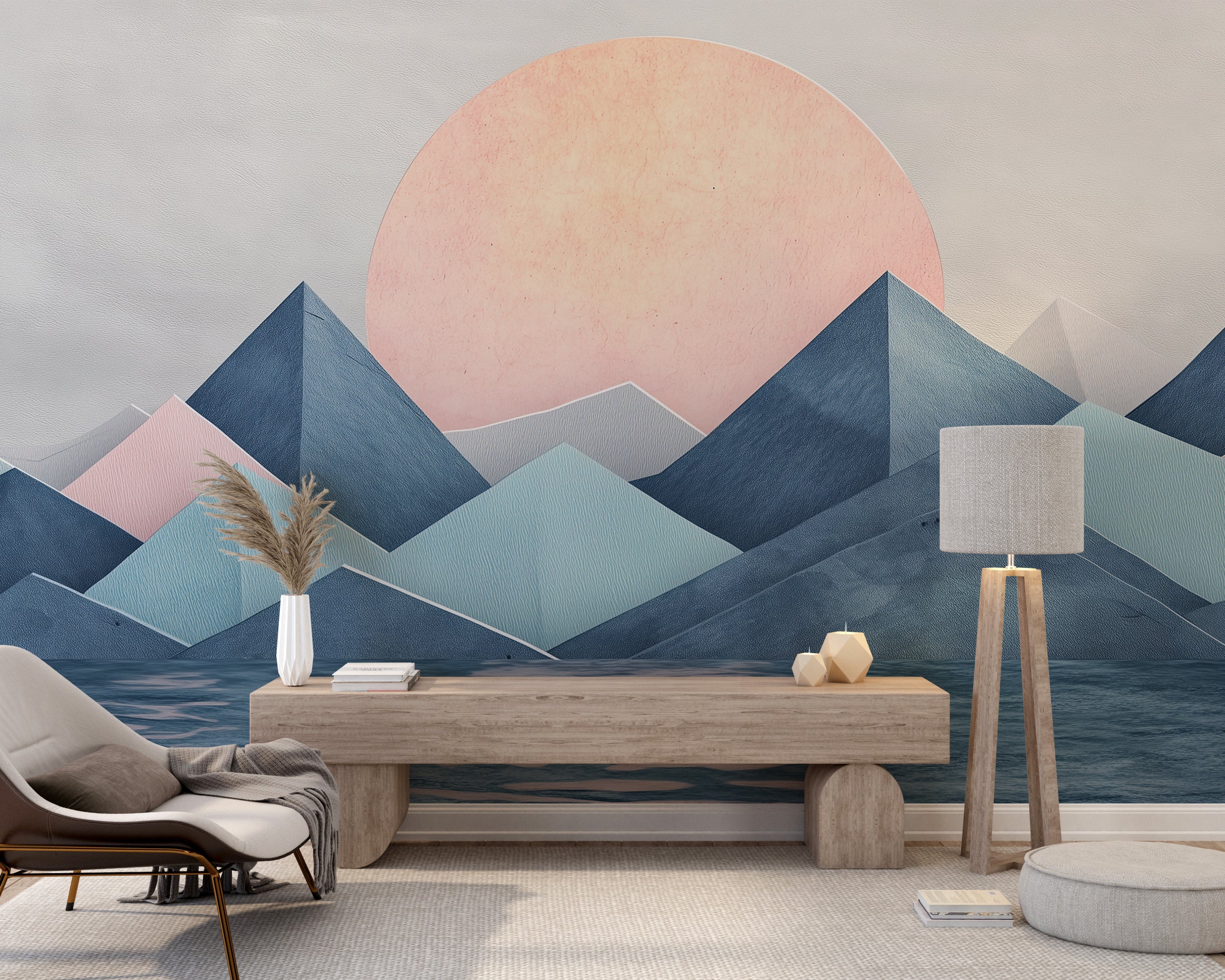 Modern abstract mountains wallpaper for minimalist rooms.
Peel-and-stick geometric blue mountain wall mural.