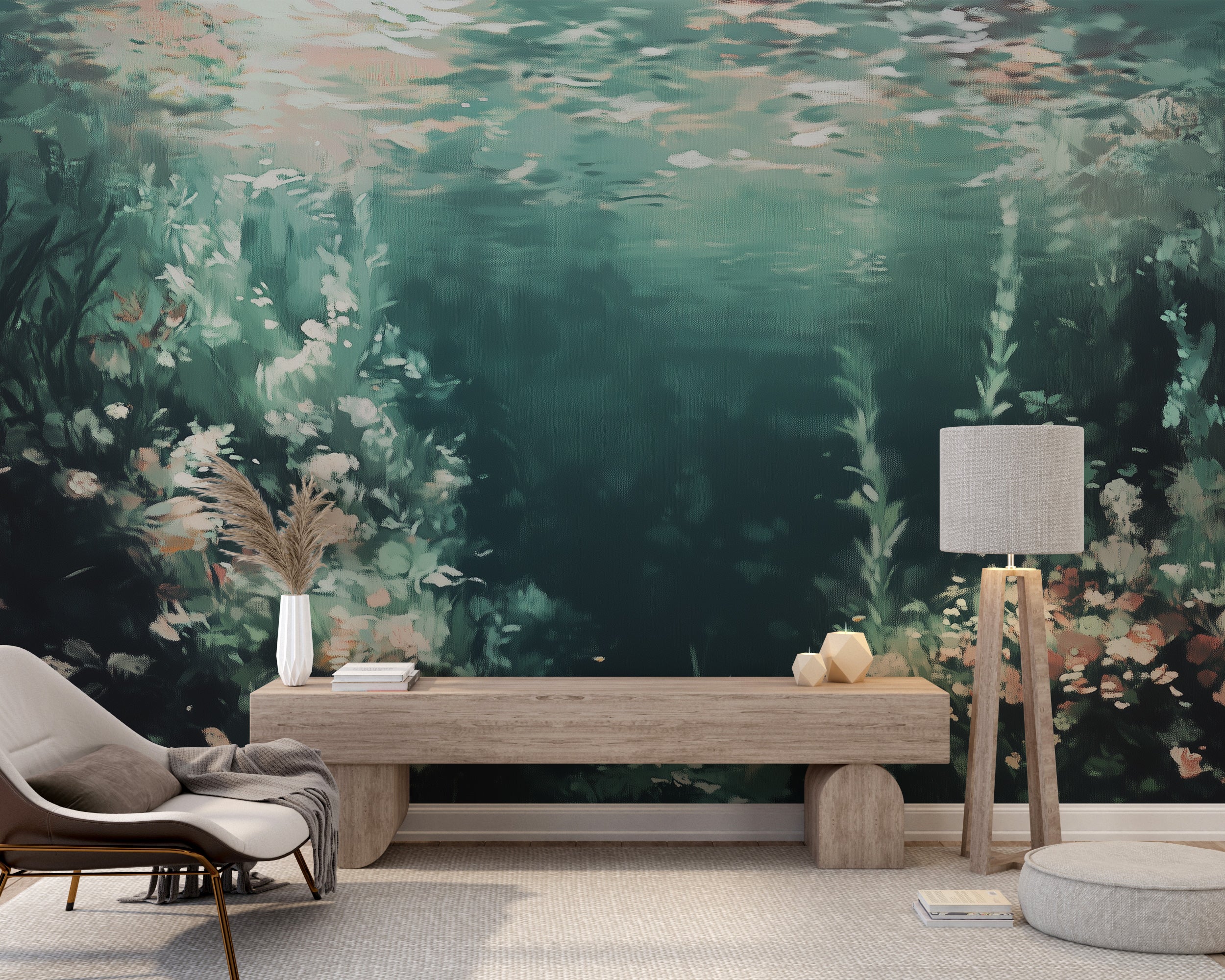 Dark green ocean and coral wallpaper for serene spaces.
Deep turquoise and coral wall mural for ocean-inspired decor.