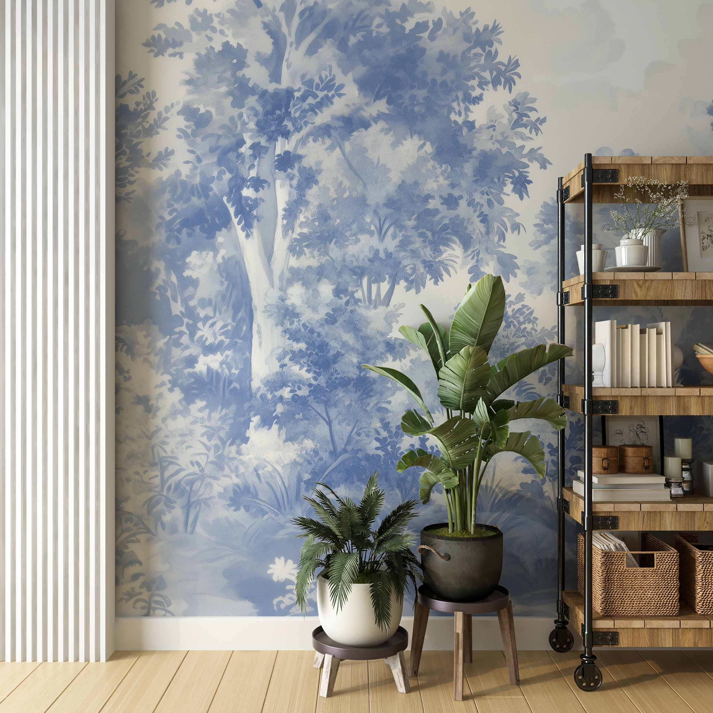 Classic Toile de Jouy forest mural in blue tones.
Peel-and-stick vintage French forest wallpaper for elegant rooms.