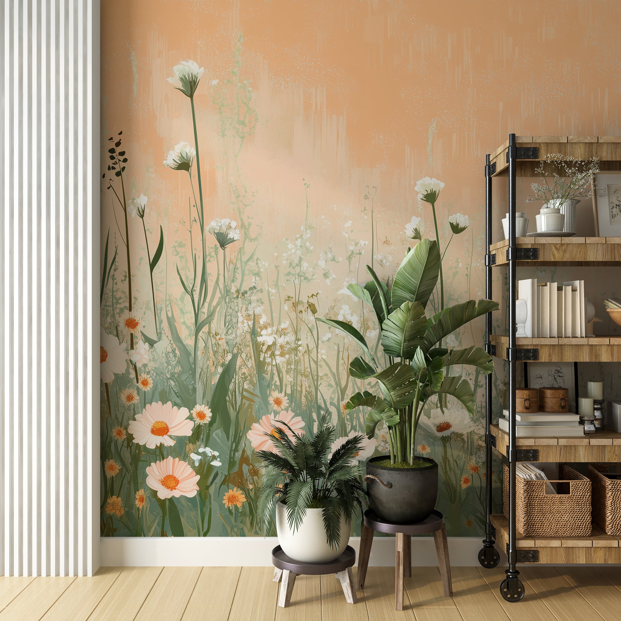 Botanical wallpaper featuring peach wildflowers and daisies.
Soft peach color flower field mural for gentle, nature-inspired decor.