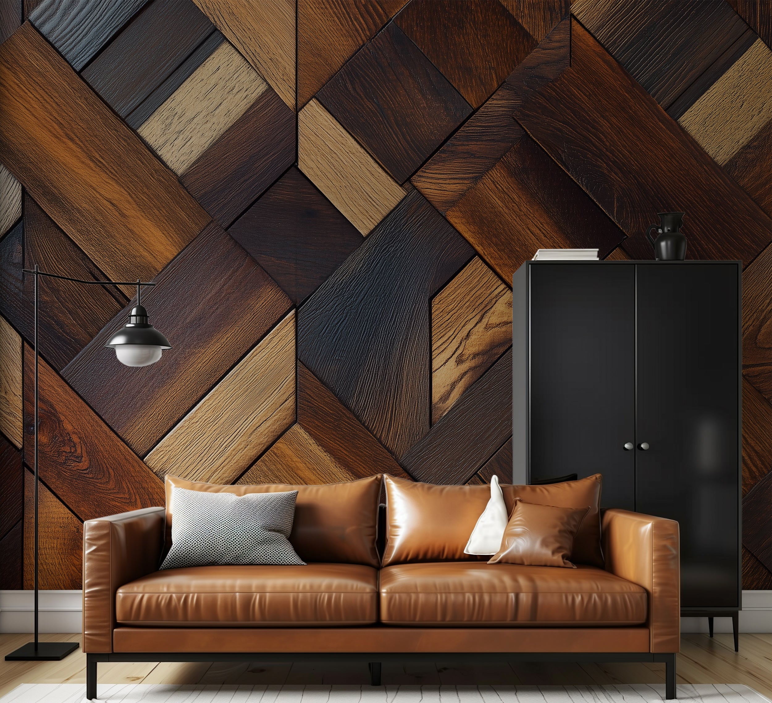 Vintage wooden panel wallpaper for accent wall designs.
Dark wood style wallpaper for rustic or farmhouse-themed rooms.