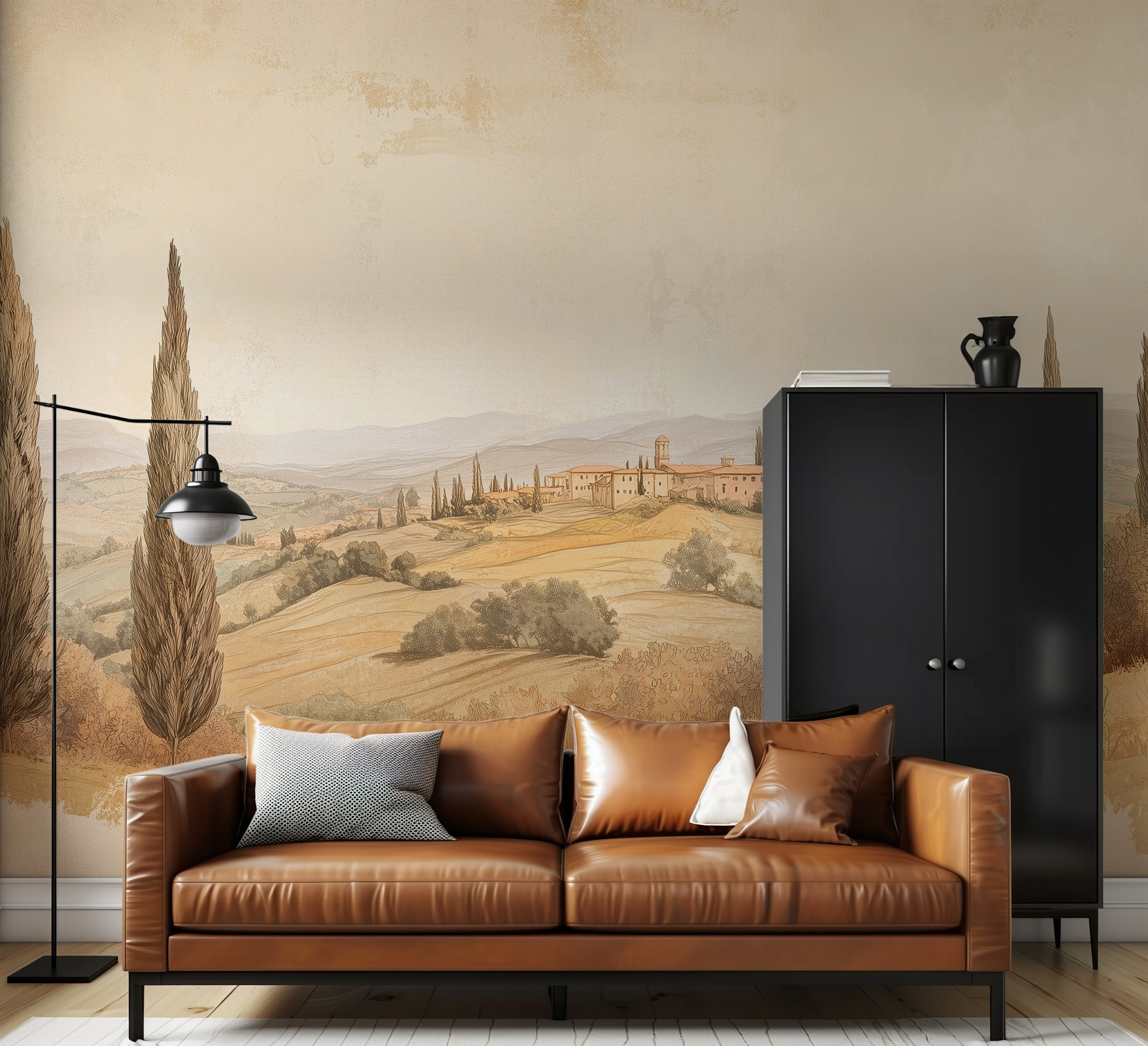 Rustic beige landscape mural with trees and house for home decor.
Beige watercolor retro landscape mural for bedroom or living room.