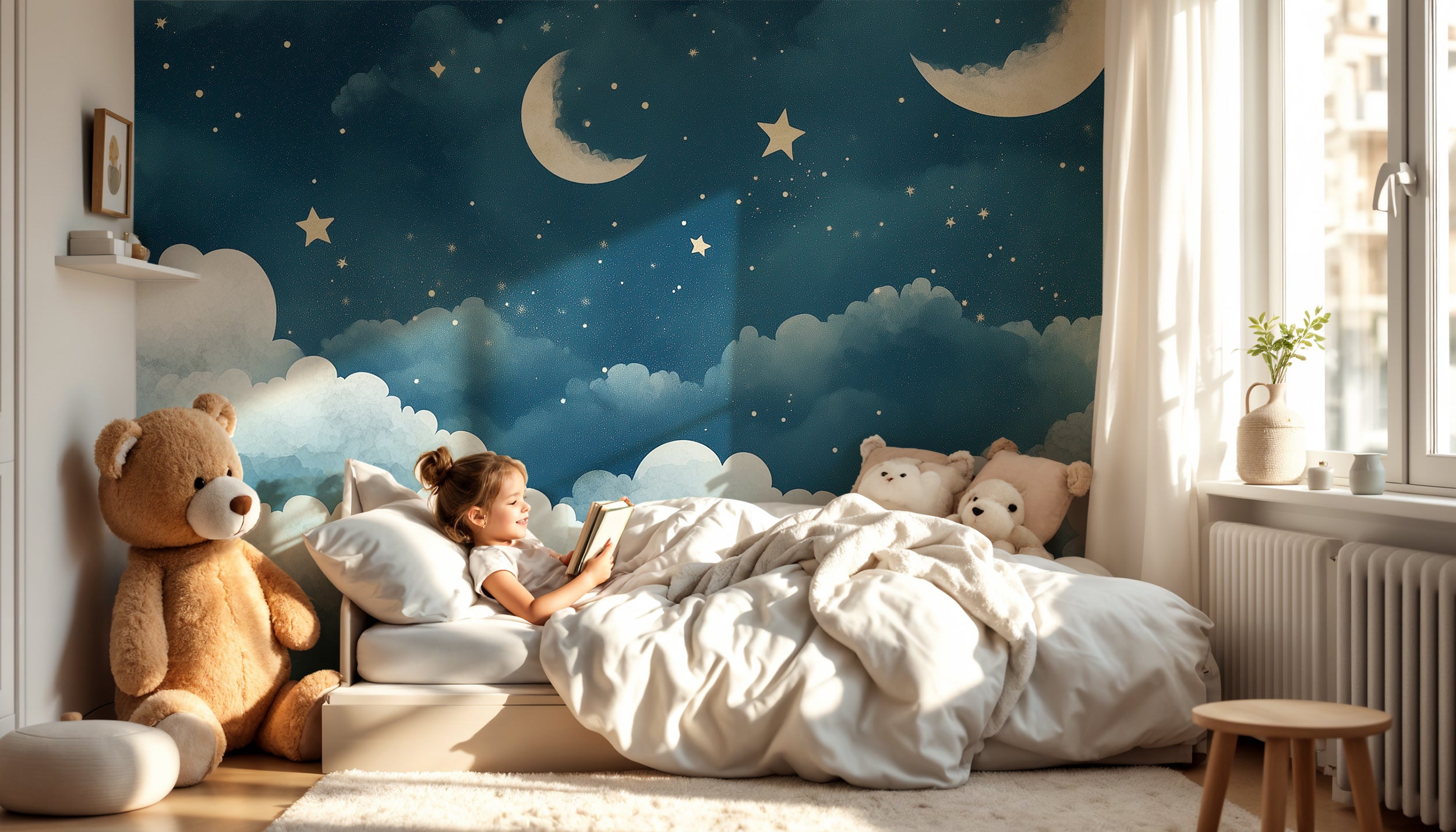 Watercolor crescent moon wallpaper for peaceful kids room.
Peel-and-stick watercolor night sky with stars mural.