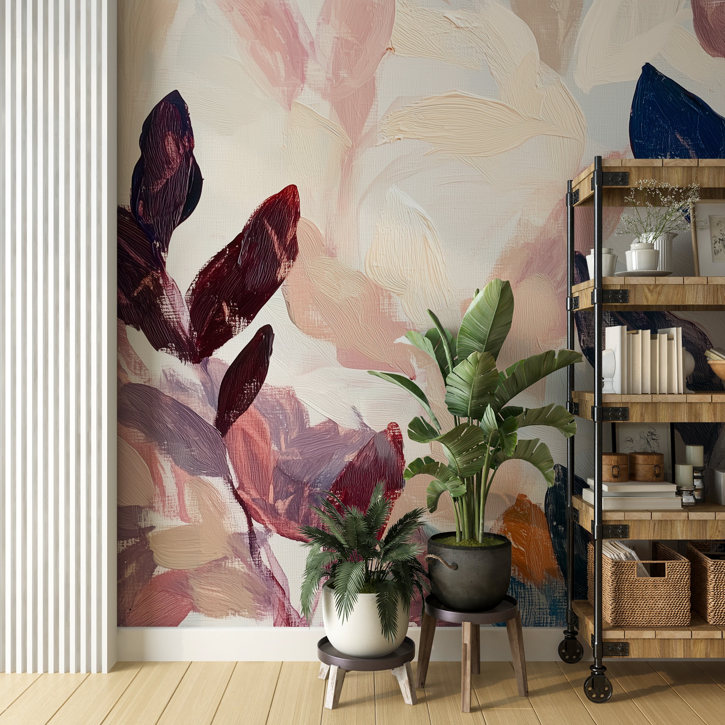 Modern boho leaves mural in dark blue and red tones.
Large botanical leaf wall mural in navy and burgundy hues.