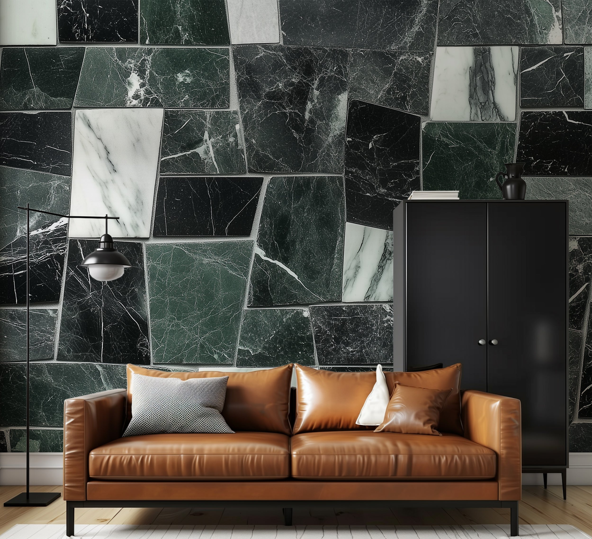 Sophisticated green and grey marble mural for modern decor.
Artistic marble design wallpaper in green and grey shades.