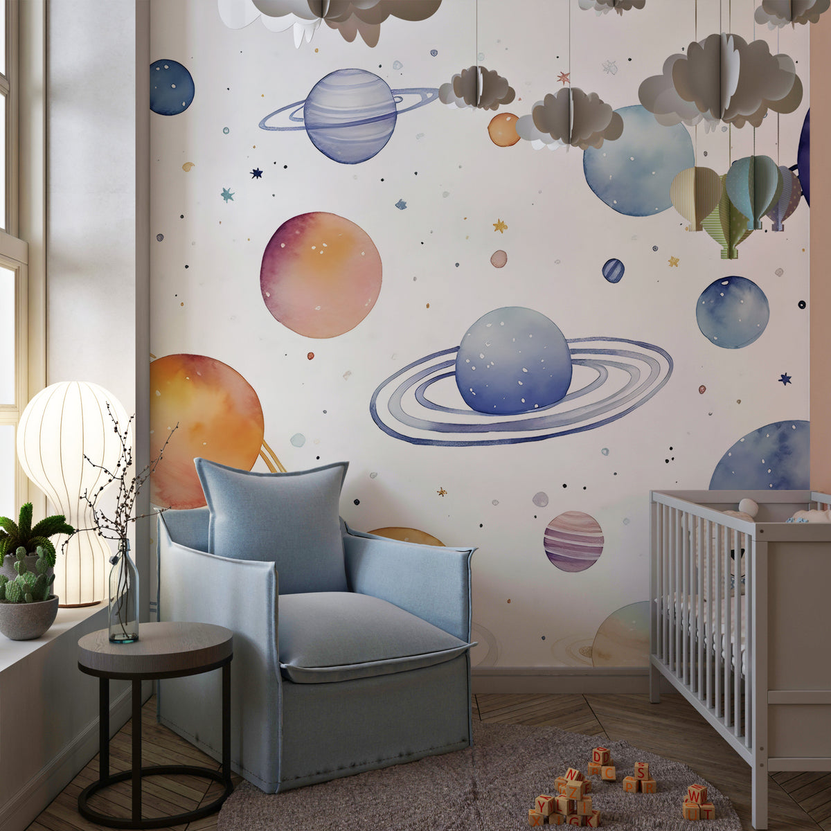 Watercolor Space Mural - Nursery Peel and Stick Planets - Solar System