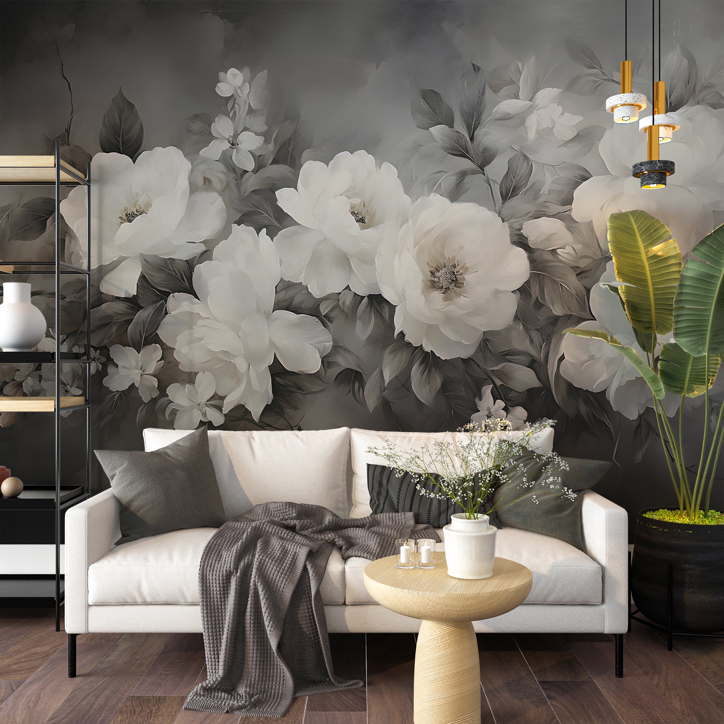 Timeless White Peonies Wall Covering