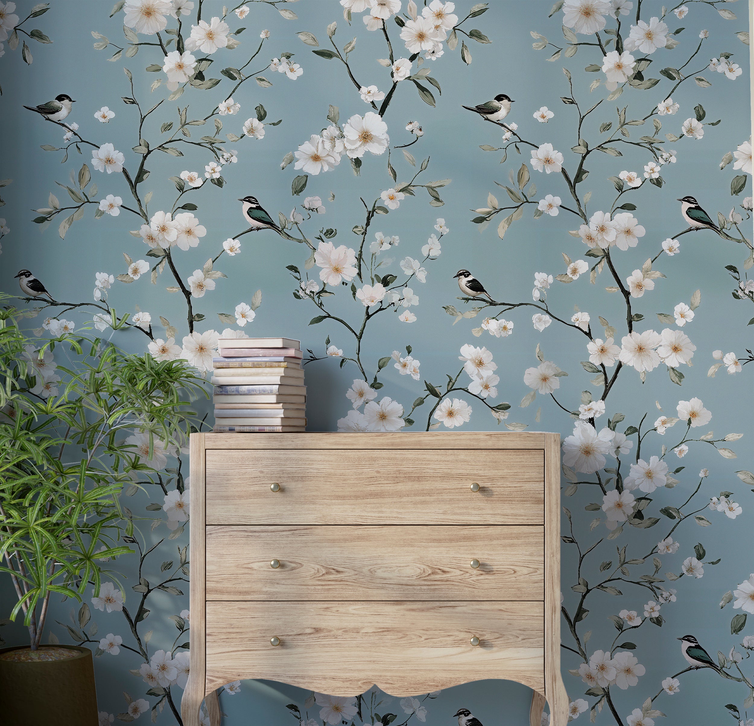 Removable floral wallpaper for nursery
Light blue Asian-inspired wallpaper