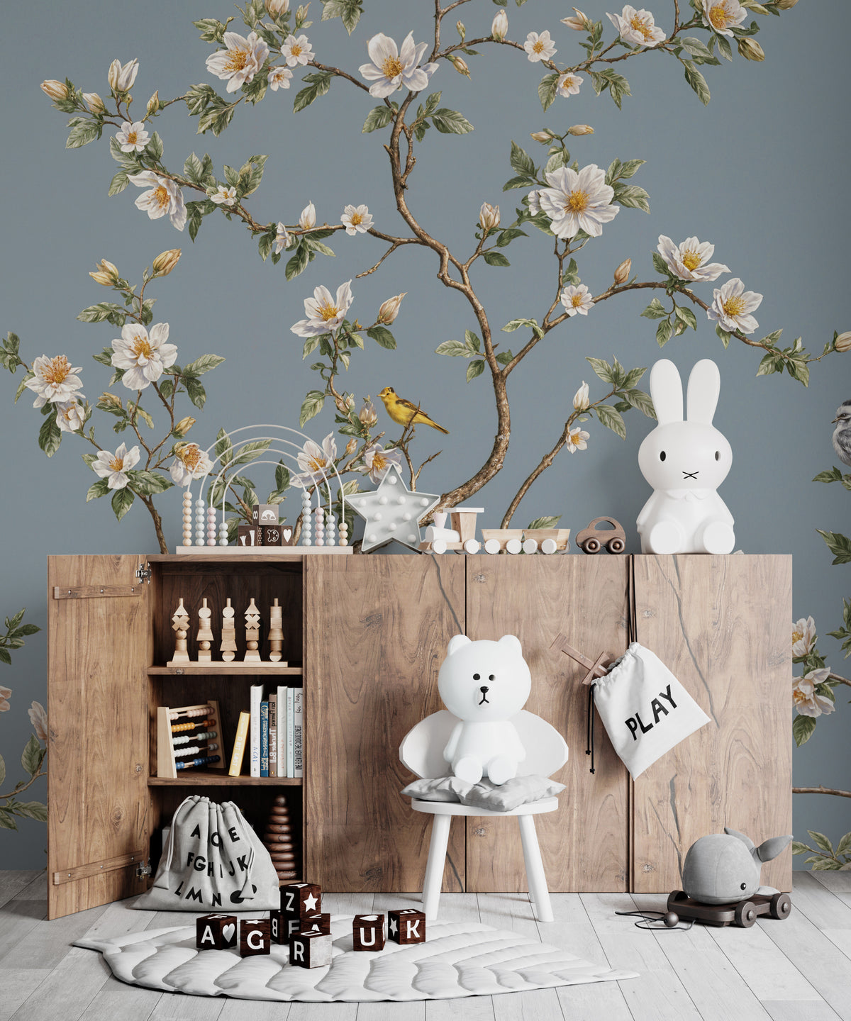 Dusty Blue Chinoiserie Wallpaper with White Cherry Blossoms and Songbi