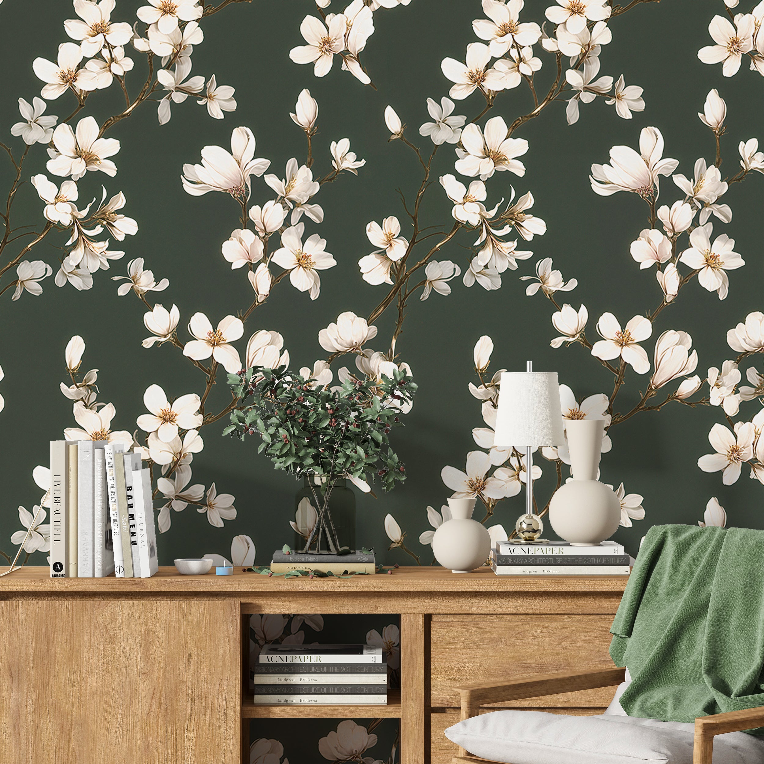 Vintage botanical peel and stick wallpaper

Deep green and white flower wallpaper