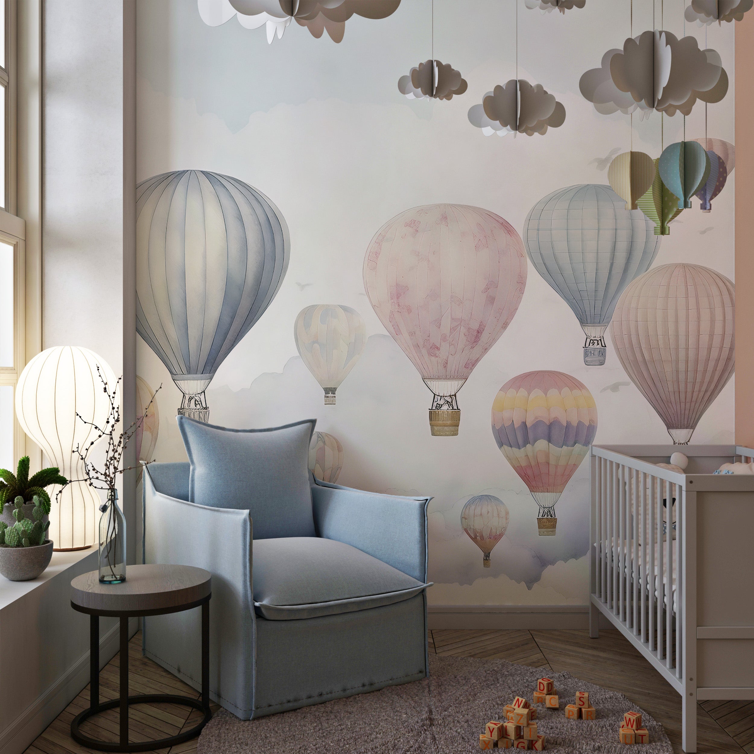 Watercolor Hot Air Balloons Nursery Wallpaper
