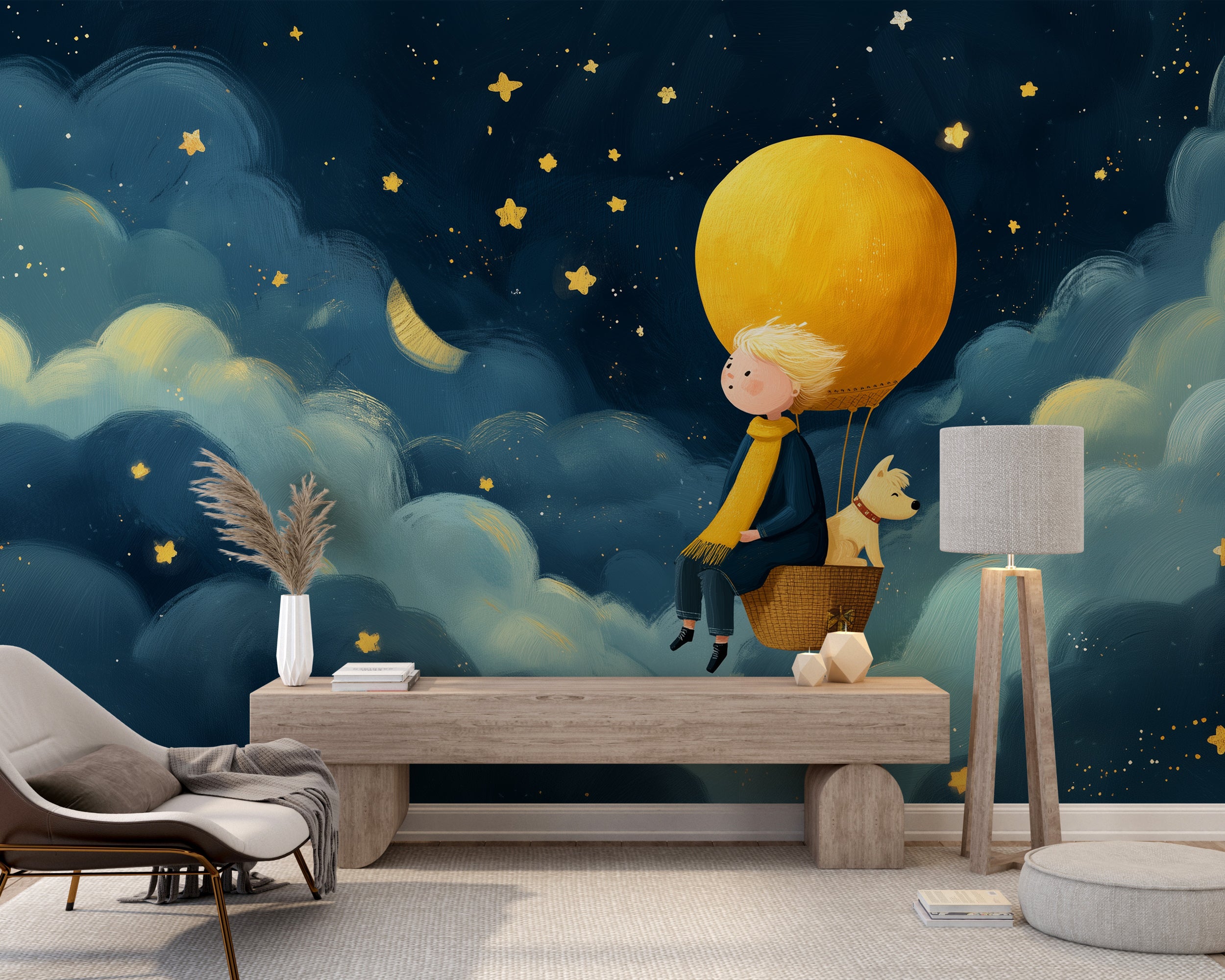 Boy and Dog in Yellow Hot Air Balloon Starry Sky Adventure Nursery Wall Mural Peel and Stick Wallpaper