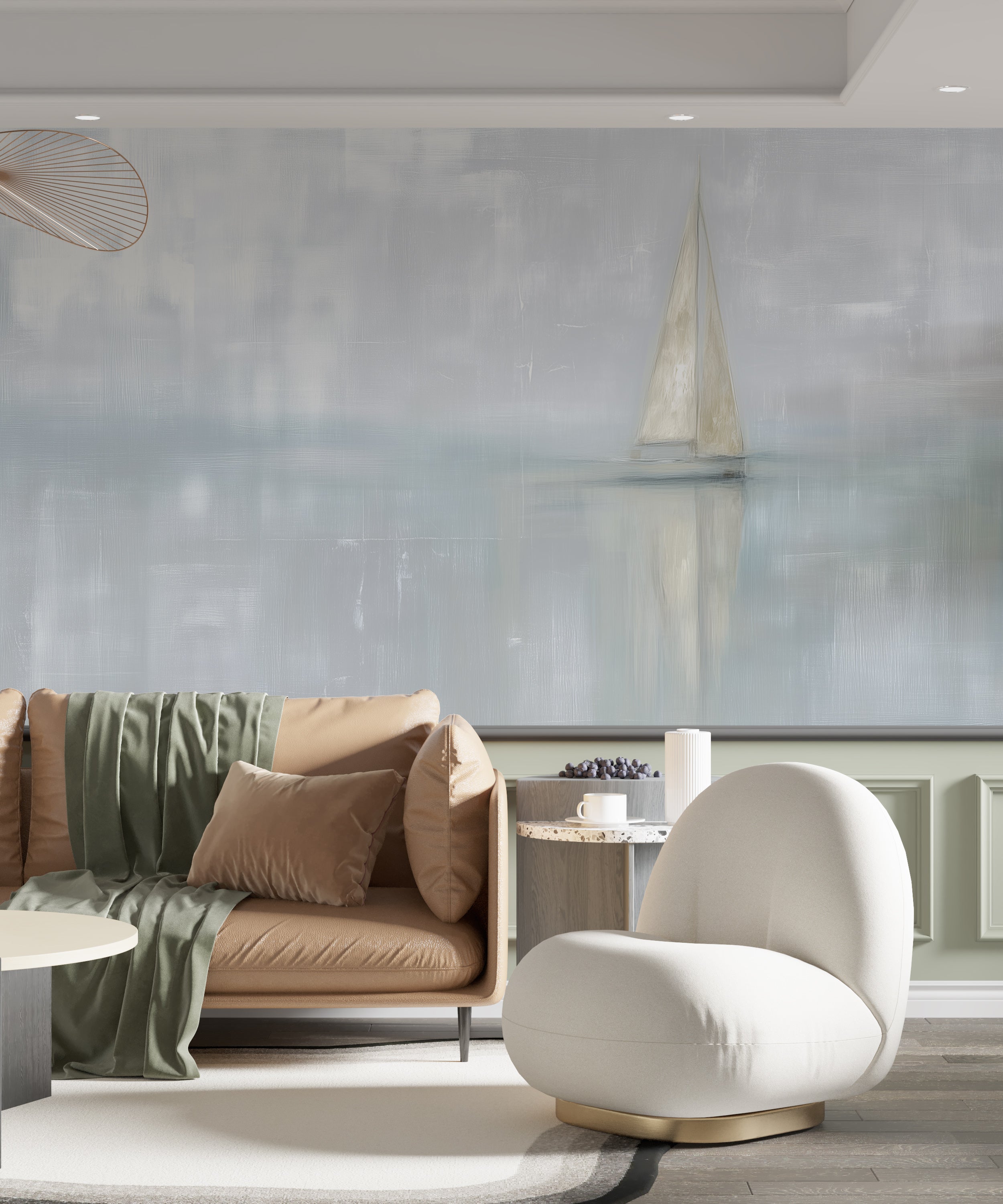 White Sailboat Wall Mural in Light Blue Watercolor Ocean Style Removable Minimalist Wallpaper