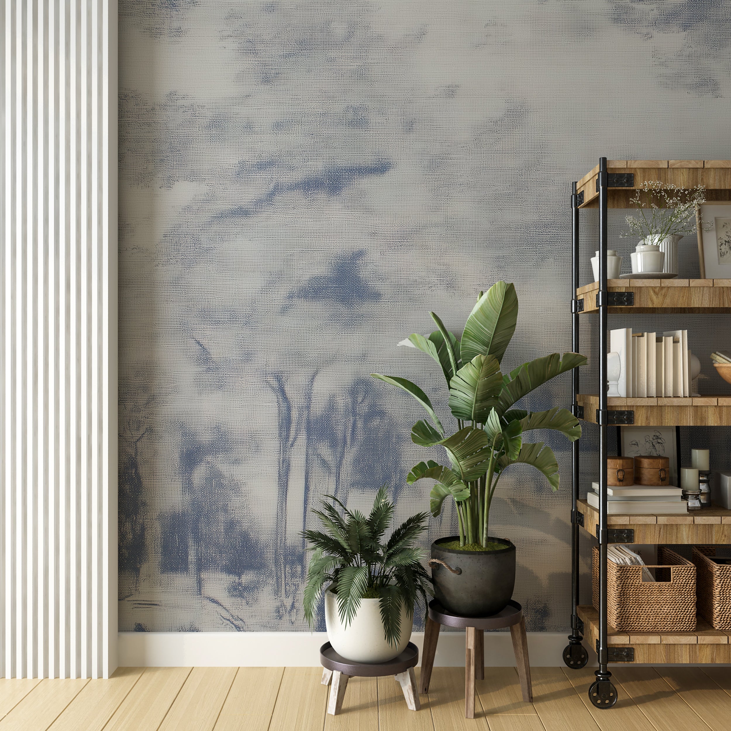 Blue Trees Wall Mural on White Linen Inspired Background in Old Style Washed Out Forest Design