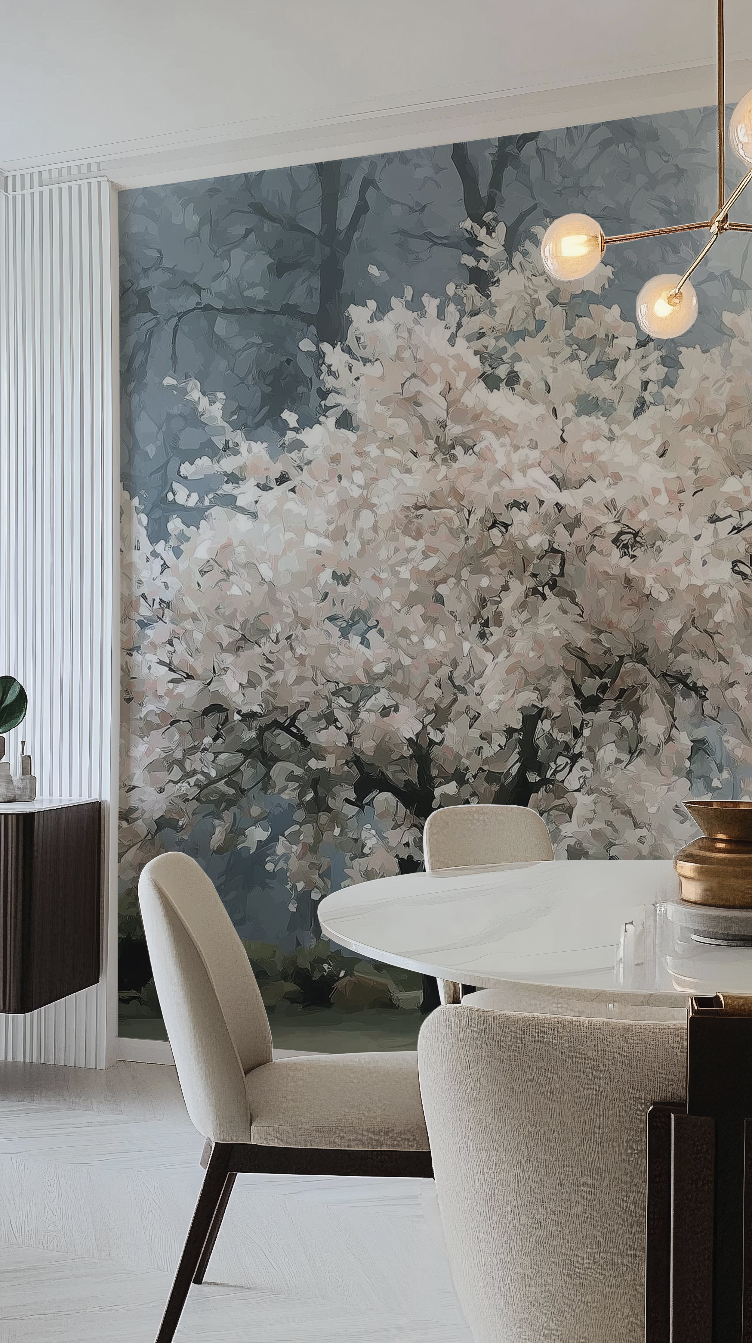 White Castle and Cherry Tree Oil Painting Wall Mural in Vintage Style Peel and Stick Wallpaper