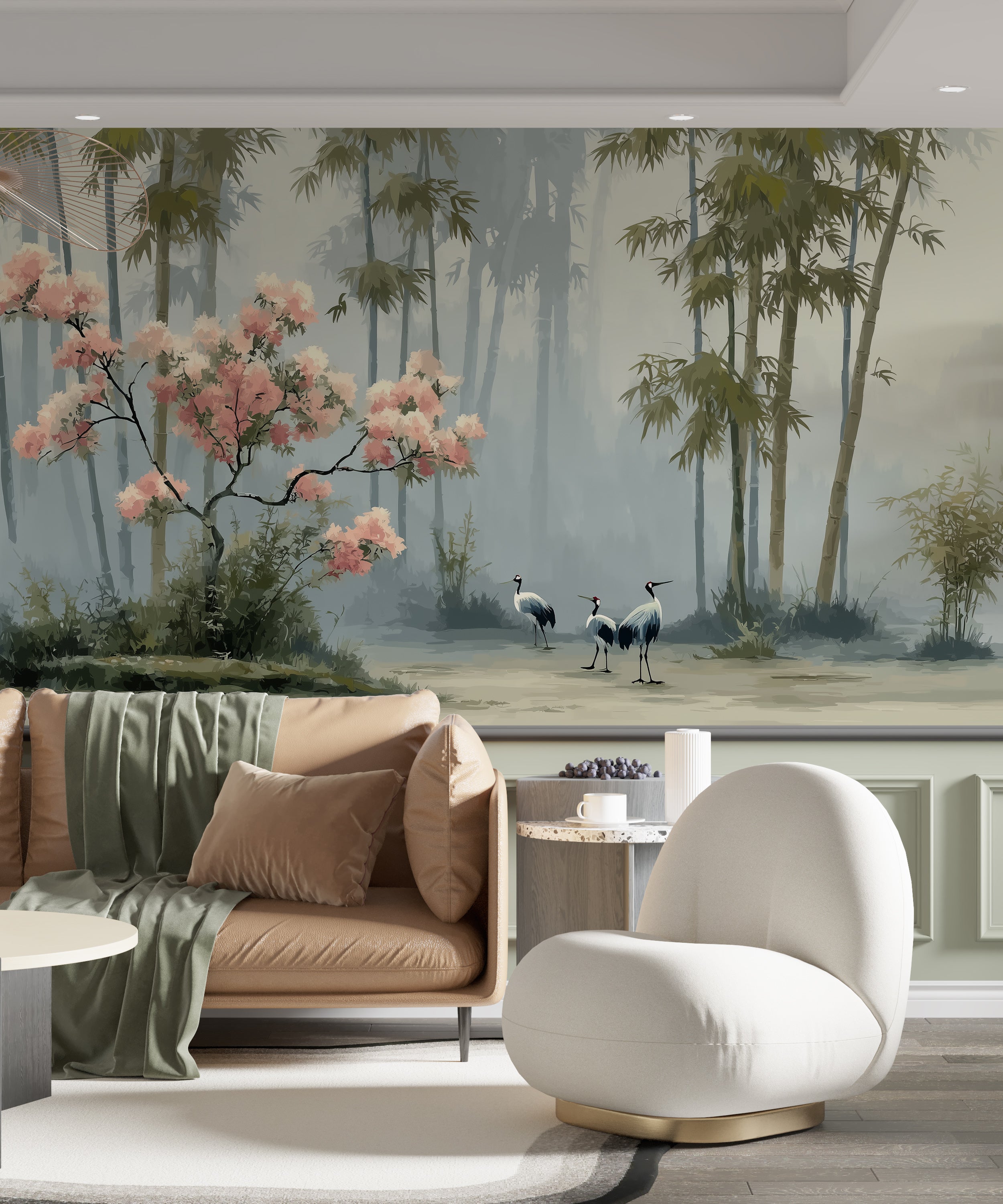 Cranes in Bamboo Forest Mural with Cherry Blossoms in Japanese Nature Peel and Stick Removable Wallpaper