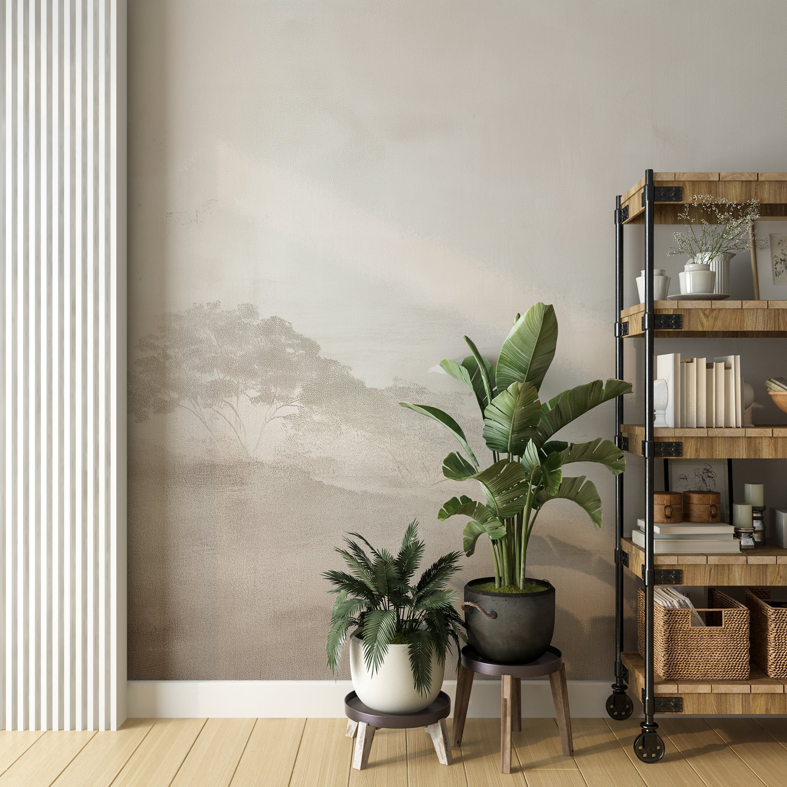 Hand Drawn Landscape Mural in Old Paper Style with Vintage Washed Out Trees on Beige Background Peel and Stick Wallpaper