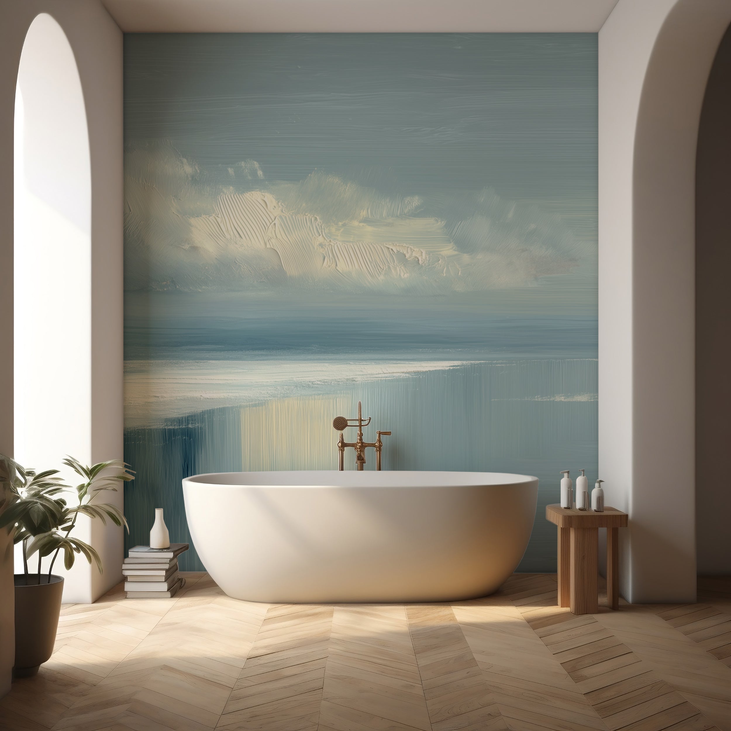 Calm Ocean Oil Painting Wall Mural with Blue Cloudy Sky Coastal Peel and Stick Accent Wallpaper