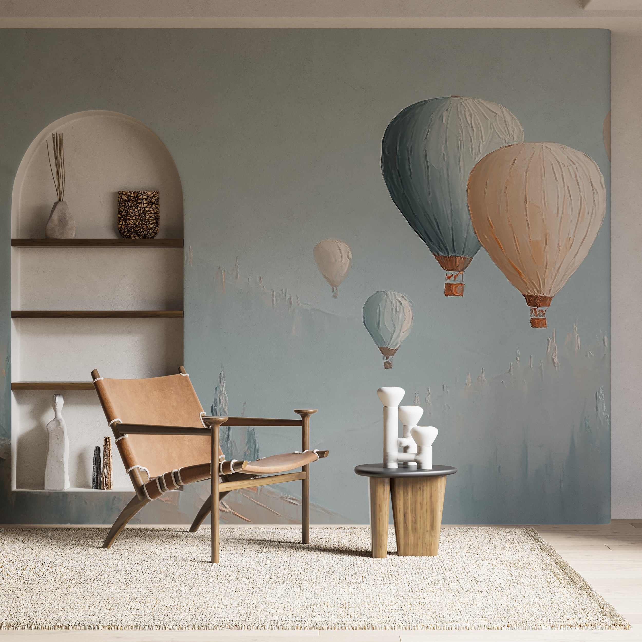 Pastel Hot Air Balloons Mural with Soft Blue Mountains Nursery Landscape Peel and Stick Wallpaper
