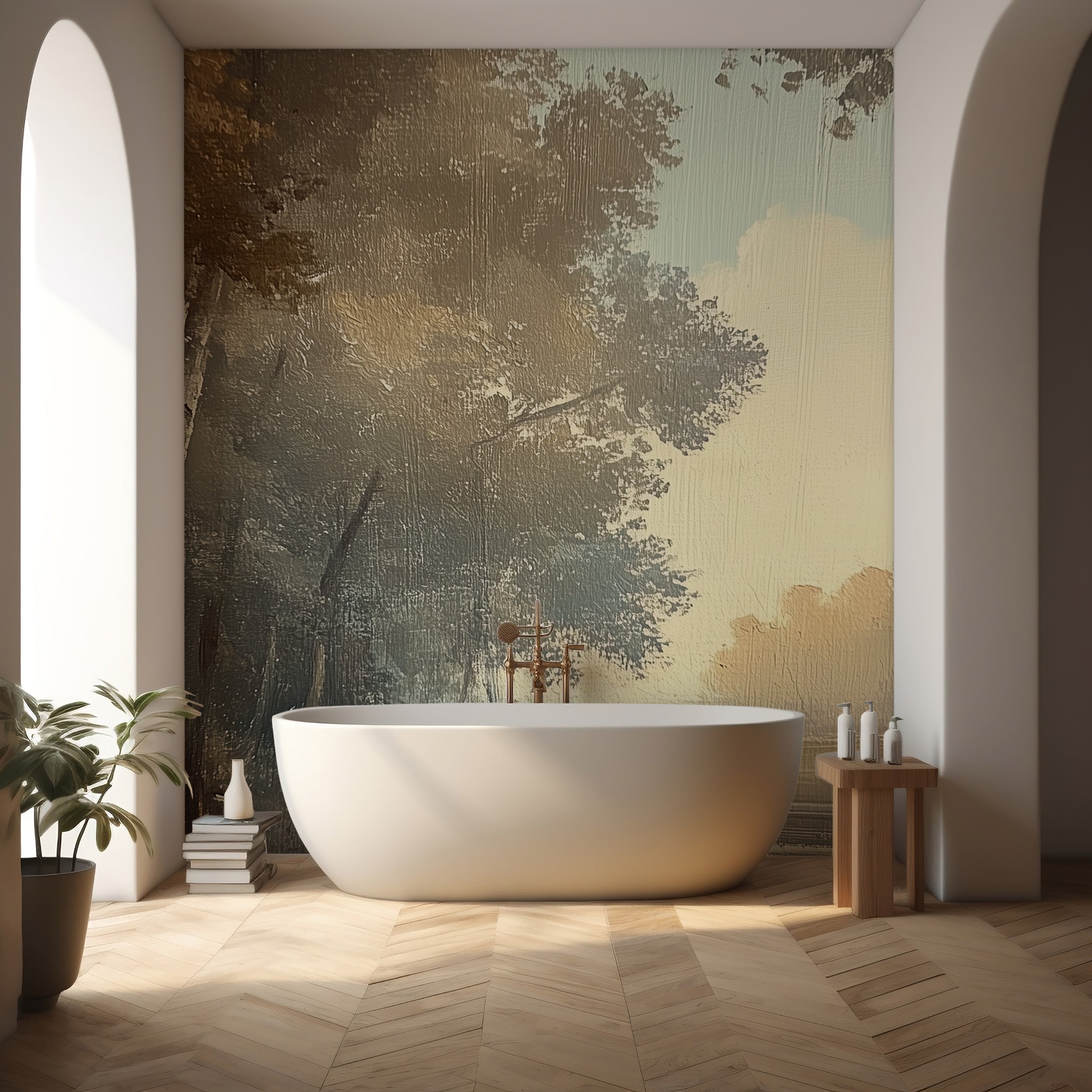 Birch Forest on the Lake Mural in Calm Nature Oil Painting Style Peel and Stick Rental Friendly Wallpaper