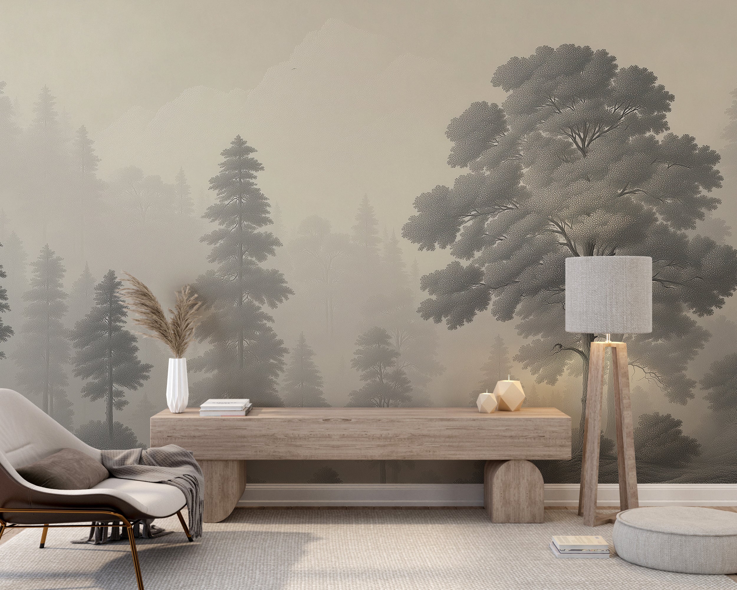Grey Monochrome Forest Wall Mural with Washed Out Pine Trees in Non-Woven Peel and Stick Wallpaper