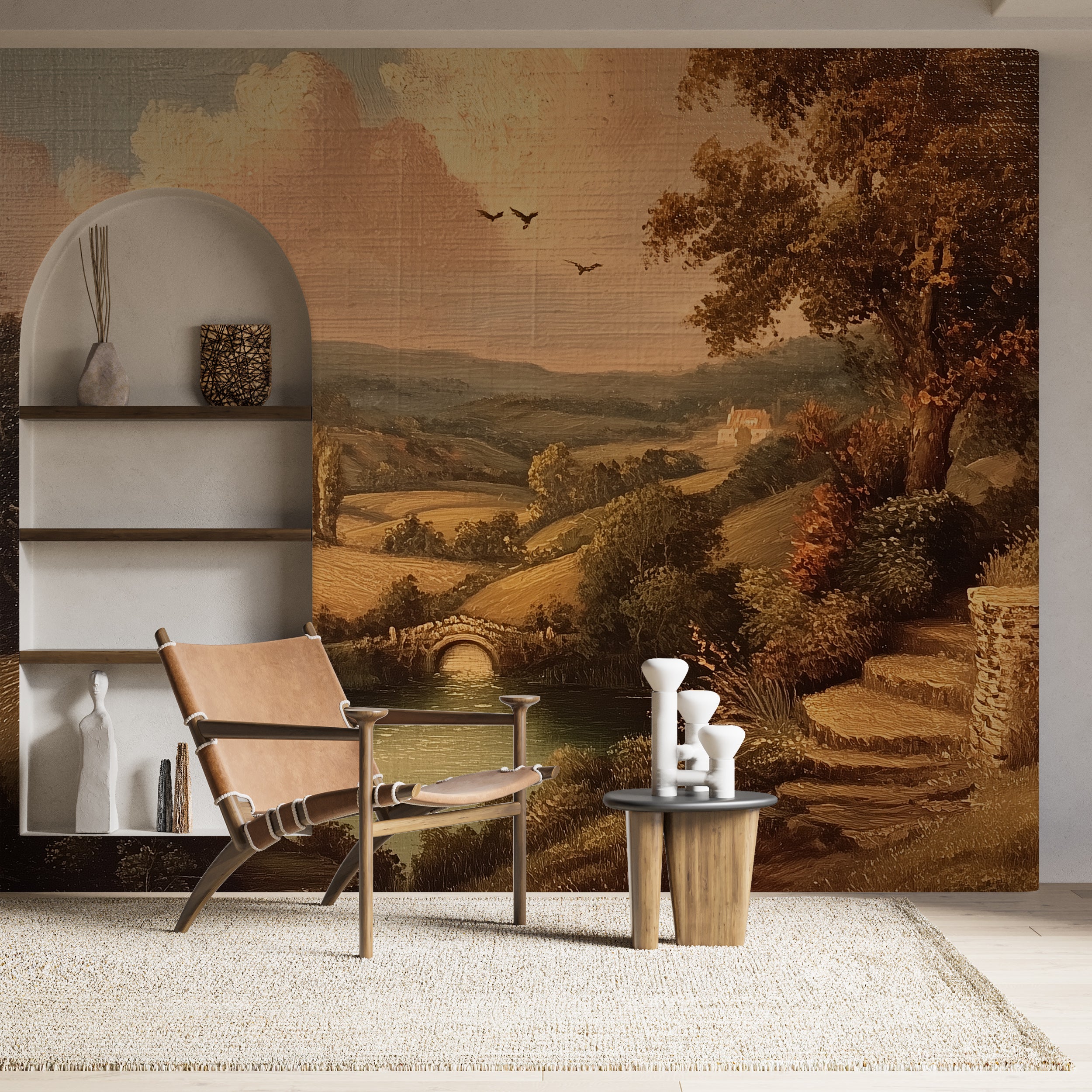 Vintage Scenic Landscape Wall Mural in Oil Painting Style with Old World Peel and Stick Wallpaper Design