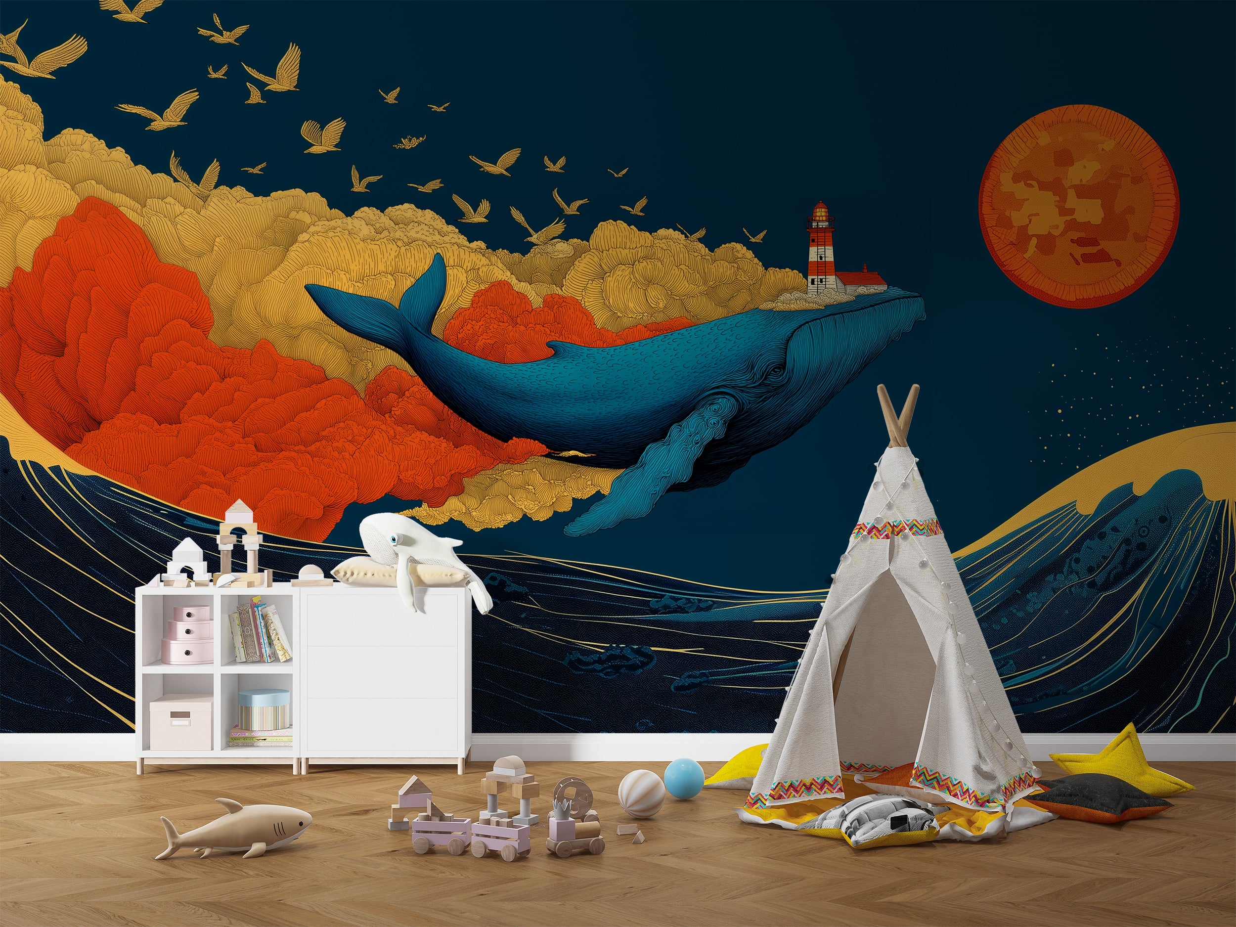 Dark Abstract Whale Wall Mural in Mid-Century Ocean Blue and Orange Colorful Peel and Stick Wallpaper