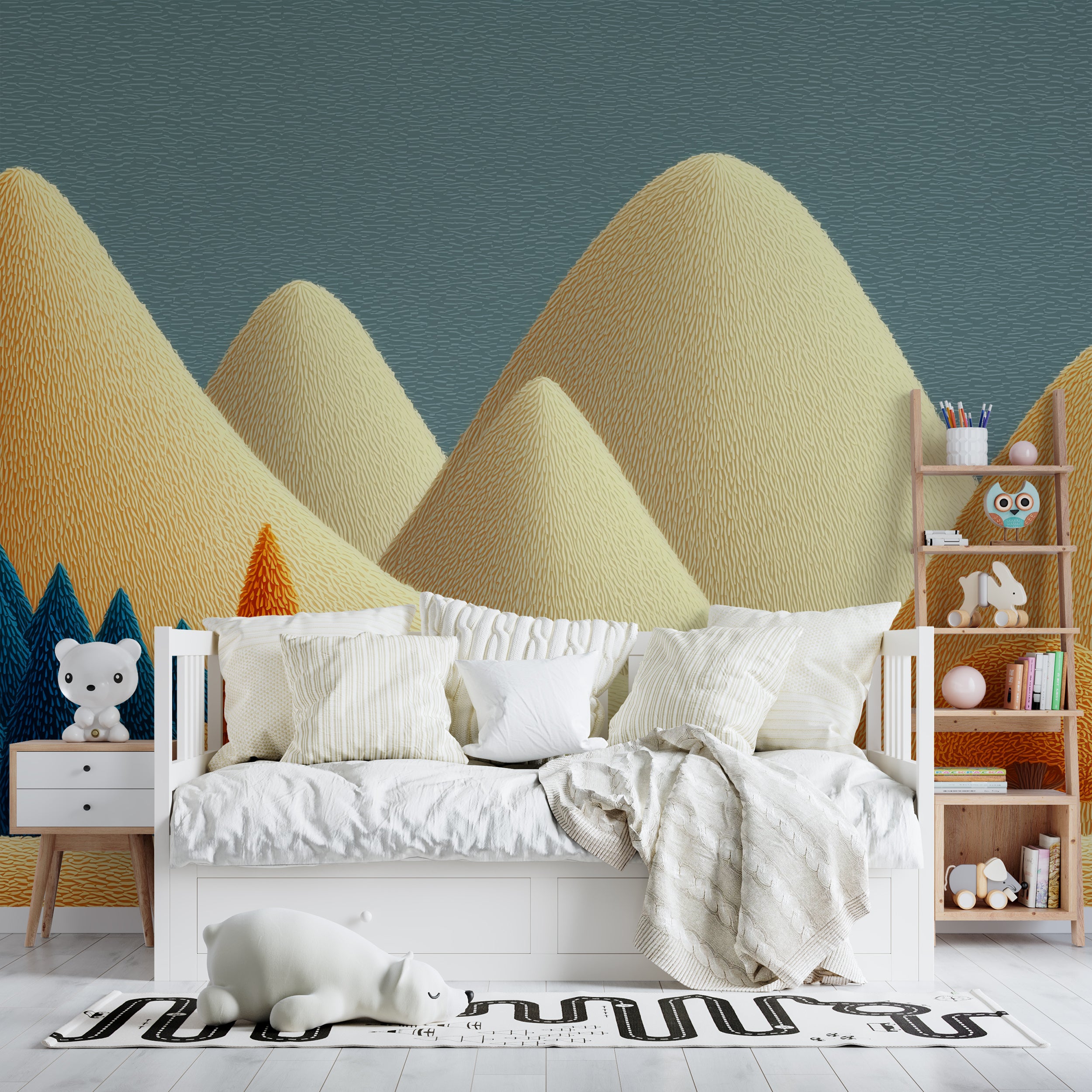 Abstract mountains and trees mural

Beige and blue kids room wallpaper

