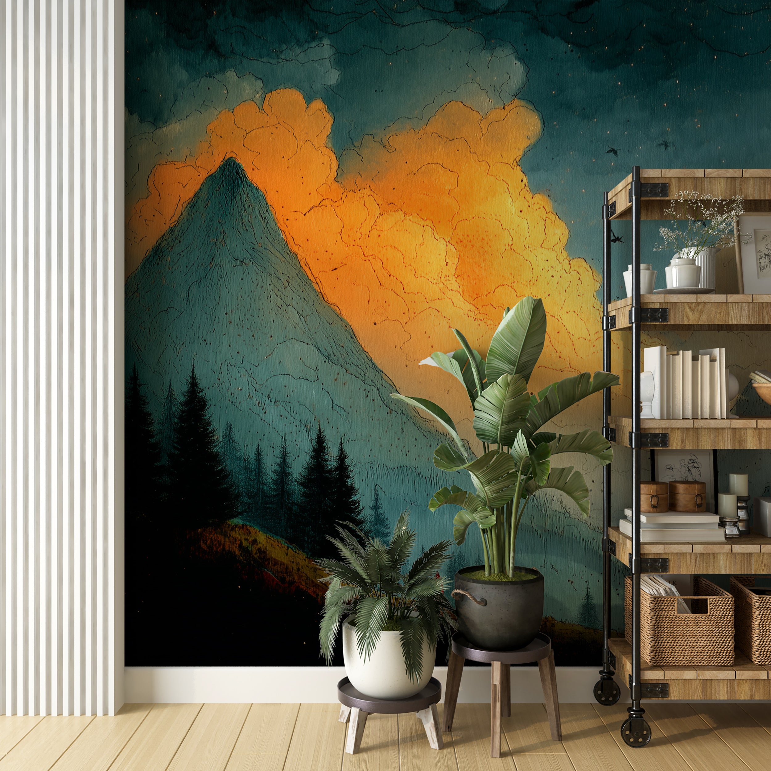 Dark Abstract Mountain Painting Wall Mural in Watercolor Style Peel and Stick Scenic Wallpaper