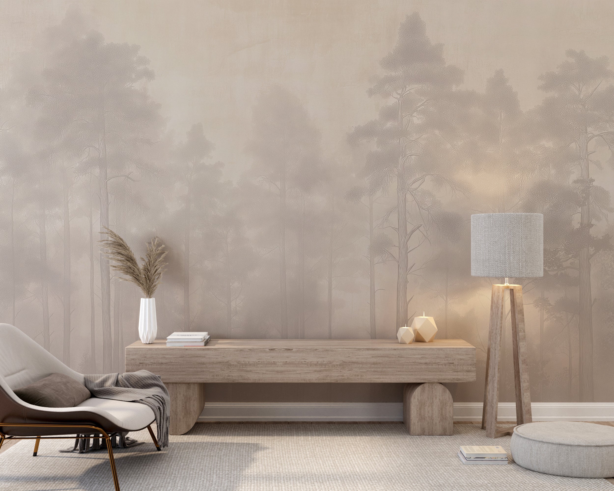 Soft Beige Washed Out Forest Wall Mural with Muted Tree Landscape Peel and Stick Neutral Wallpaper