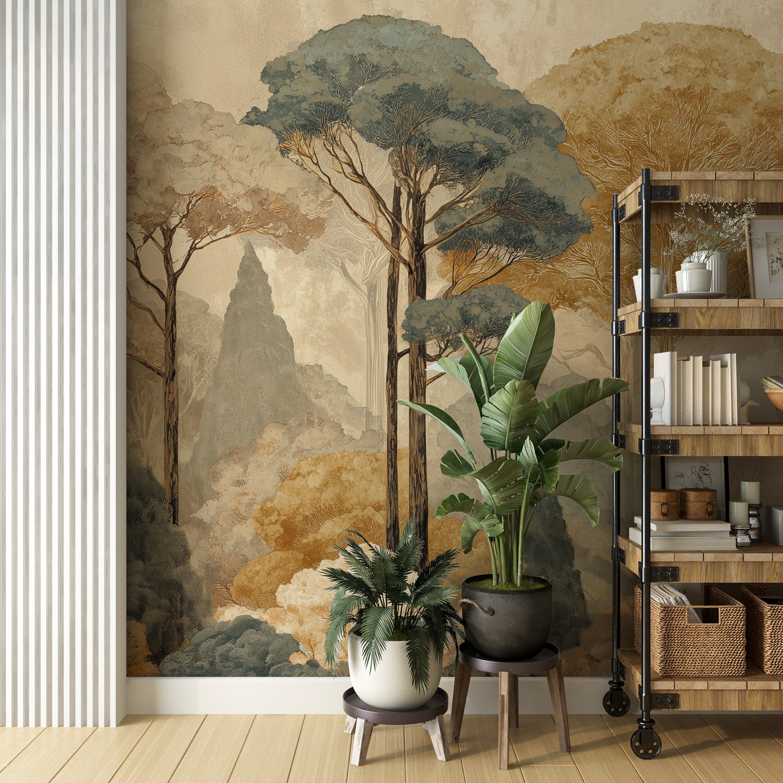 Green and Gold Trees Wall Mural in Vintage Forest Scene Peel and Stick Detailed Nature Wallpaper