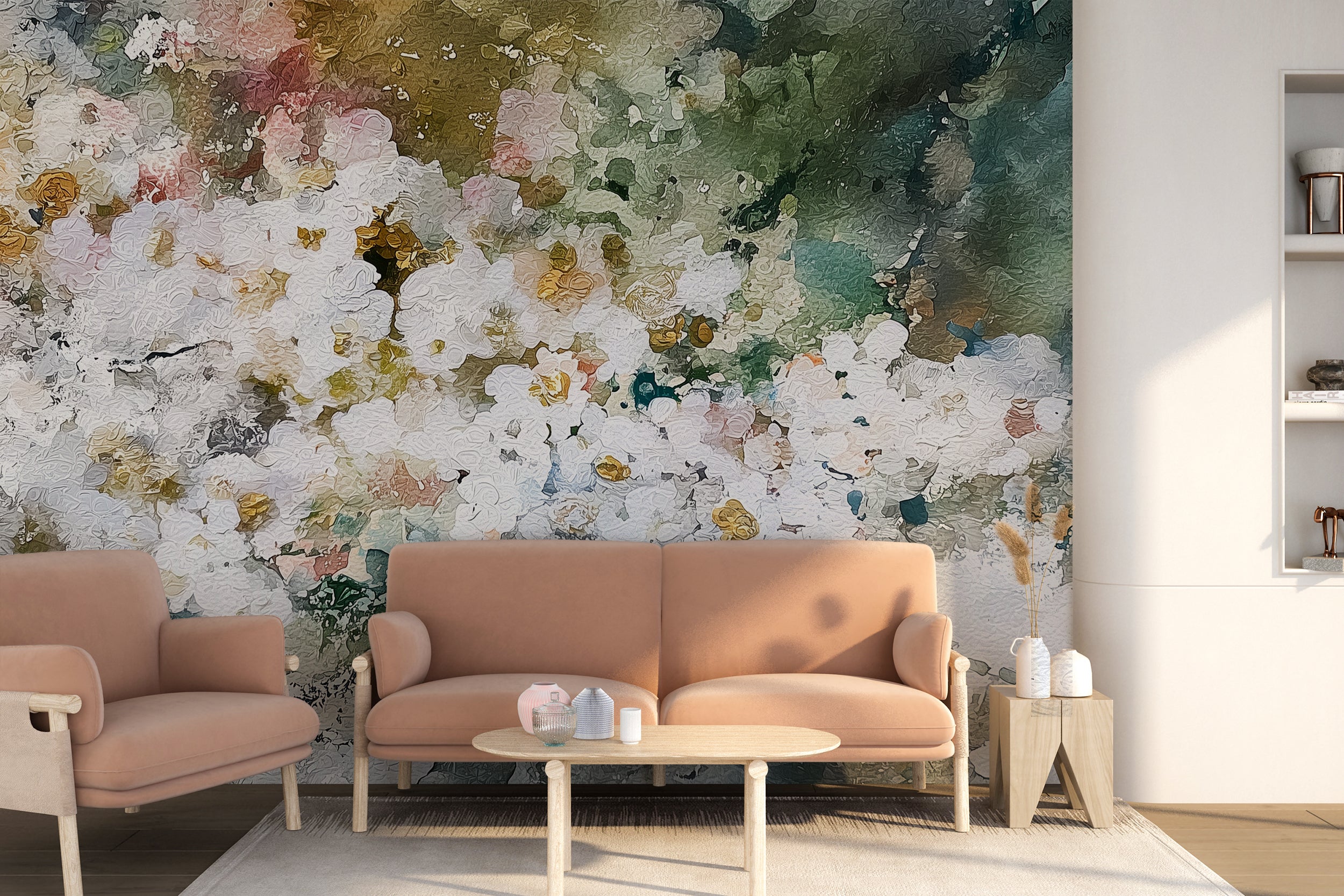 colorful garden-inspired wall art

painterly floral composition wallpaper