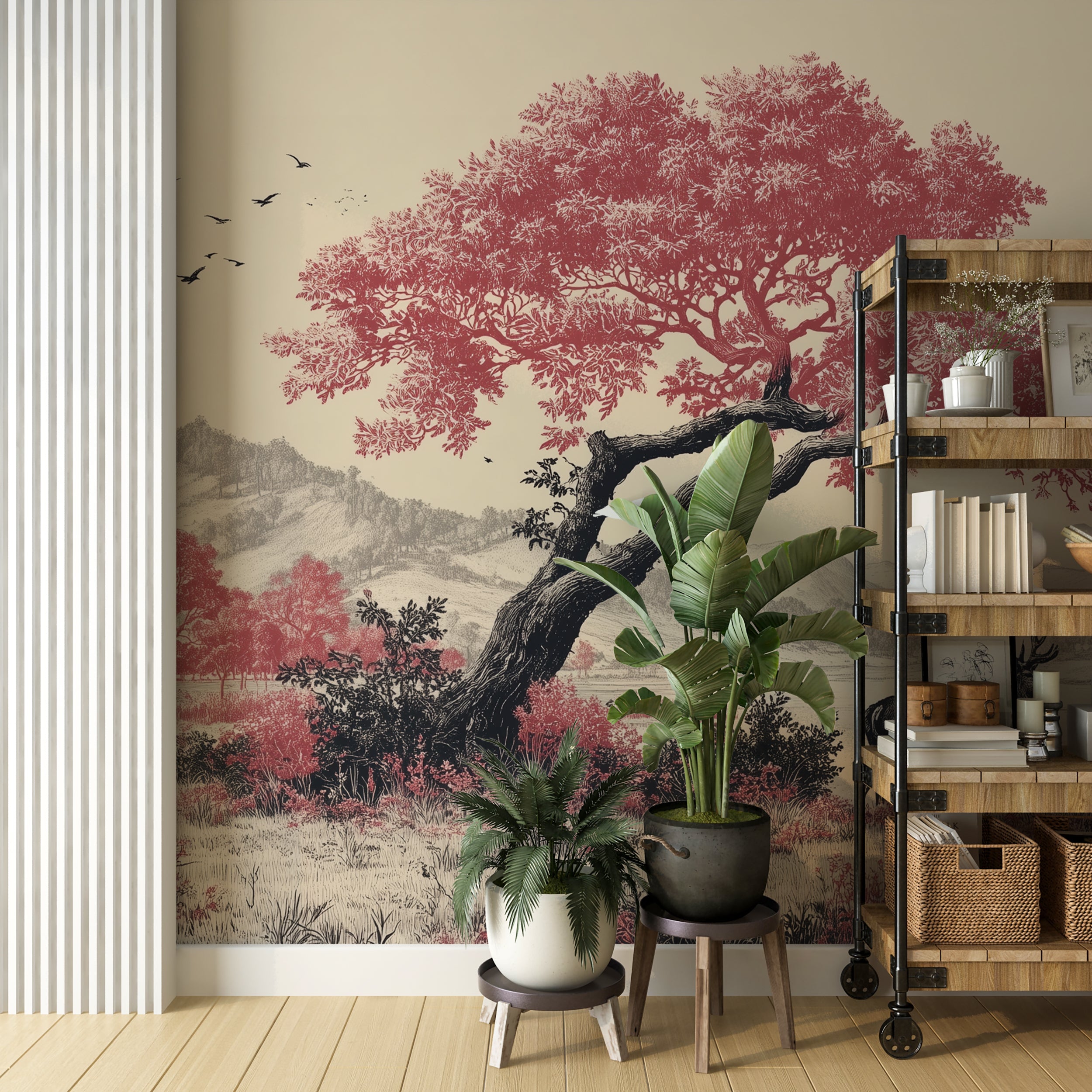 Pink forest and river landscape mural design
Bold colorful wall mural with fantasy nature view