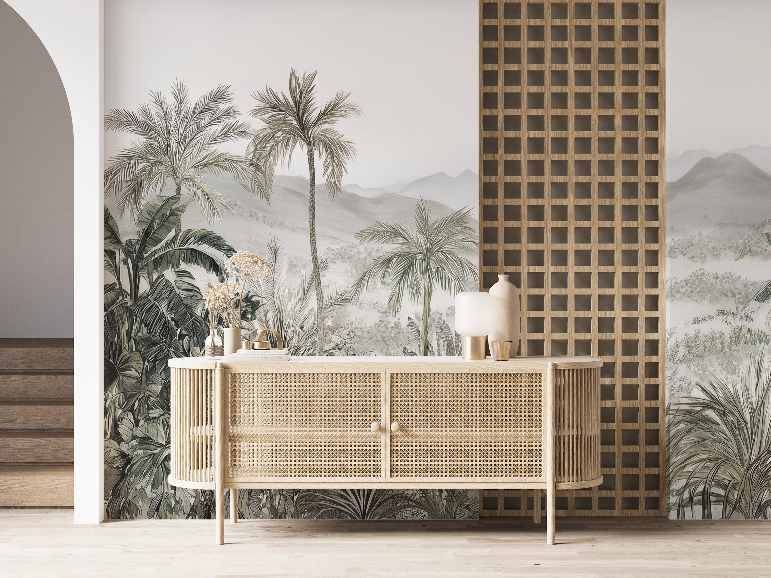 Misty mountain mural in muted tones

Subtle tropical forest and hills wallpaper