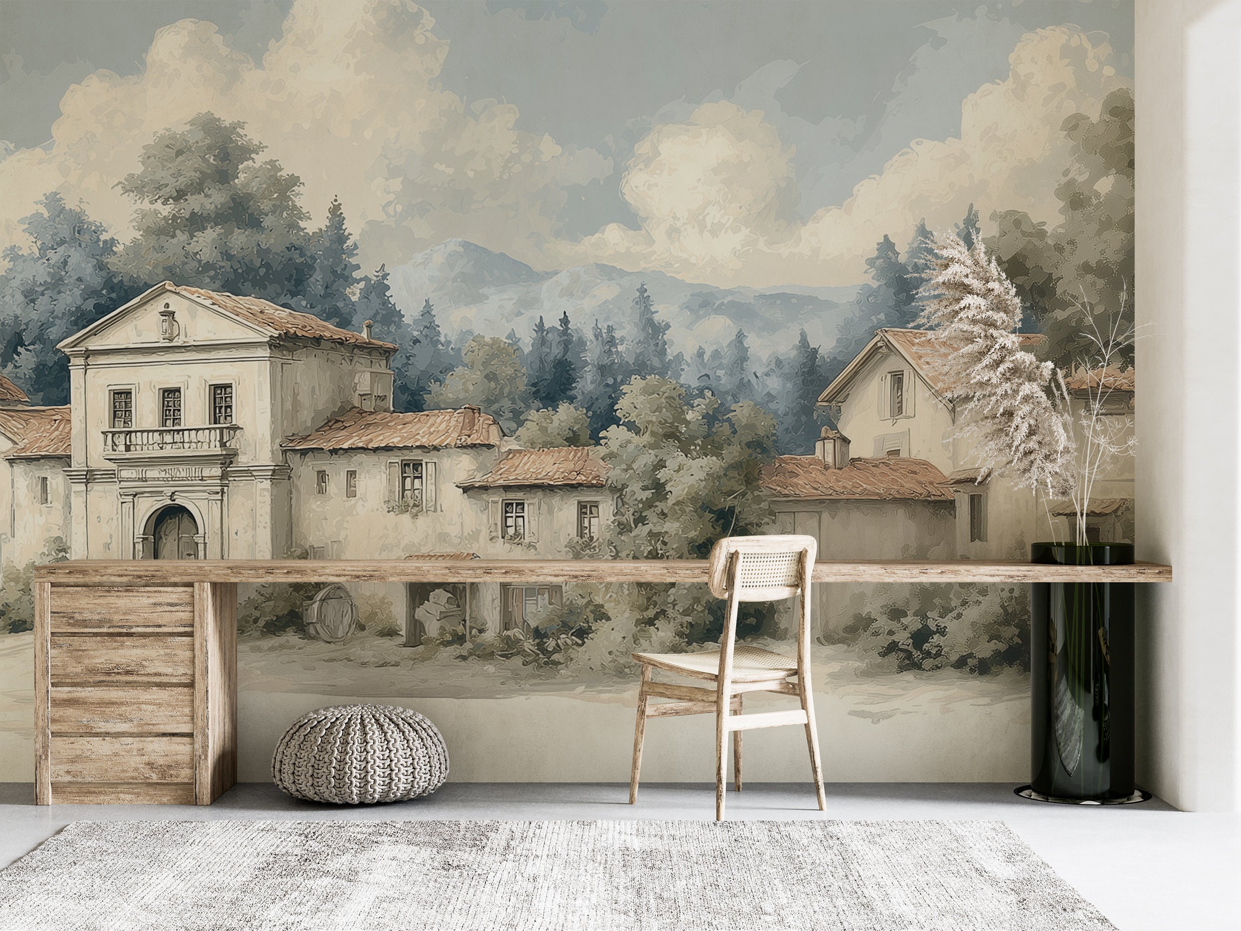 Vintage town square mural design

Soft pastel Mediterranean village wallpaper