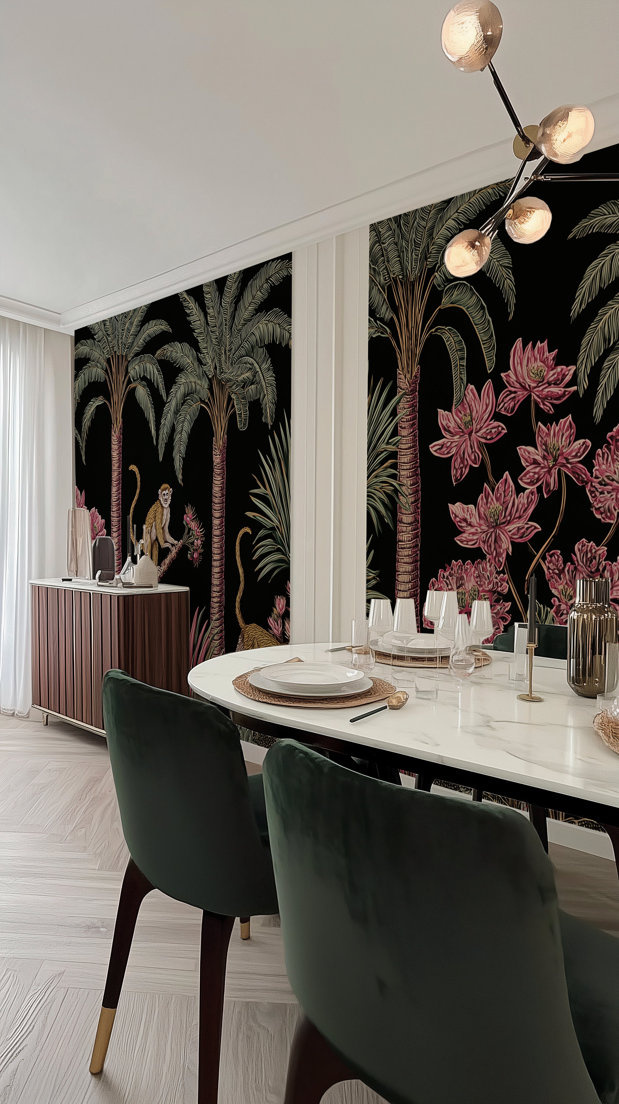 Jungle wall mural with monkeys and palm trees

Tropical peel and stick wallpaper with pink flowers
