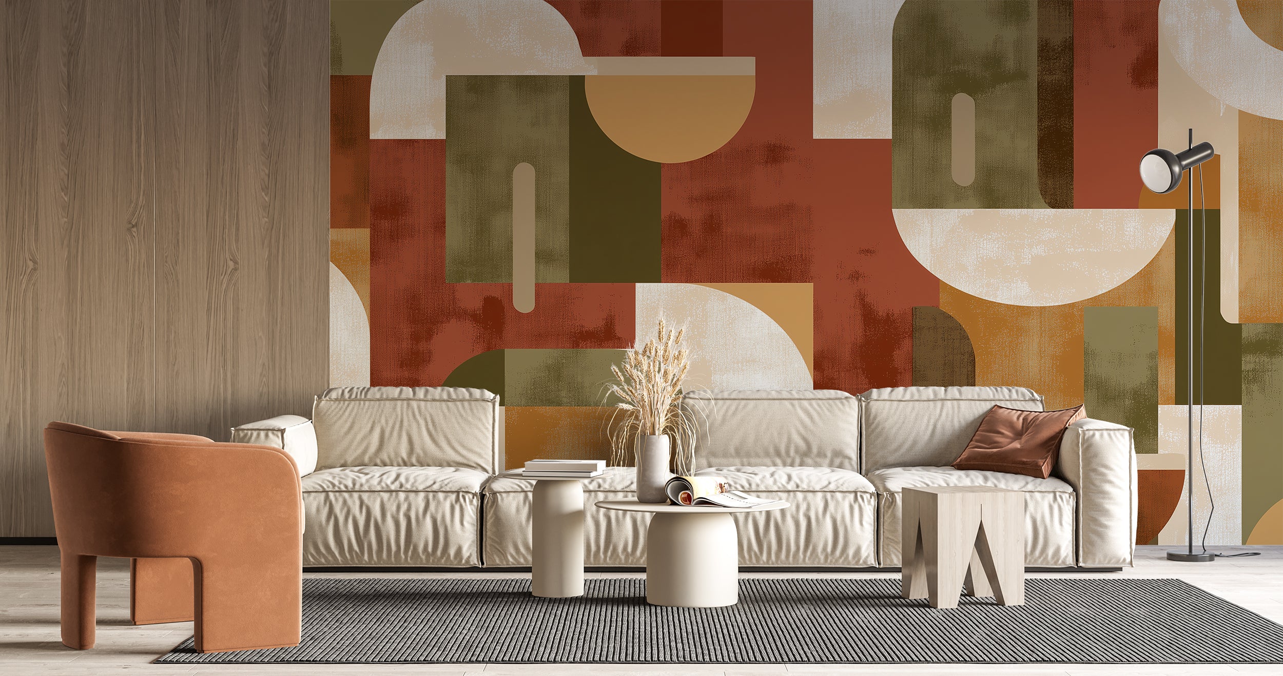 terracotta olive and beige mural
bold modern abstract mural wallpaper