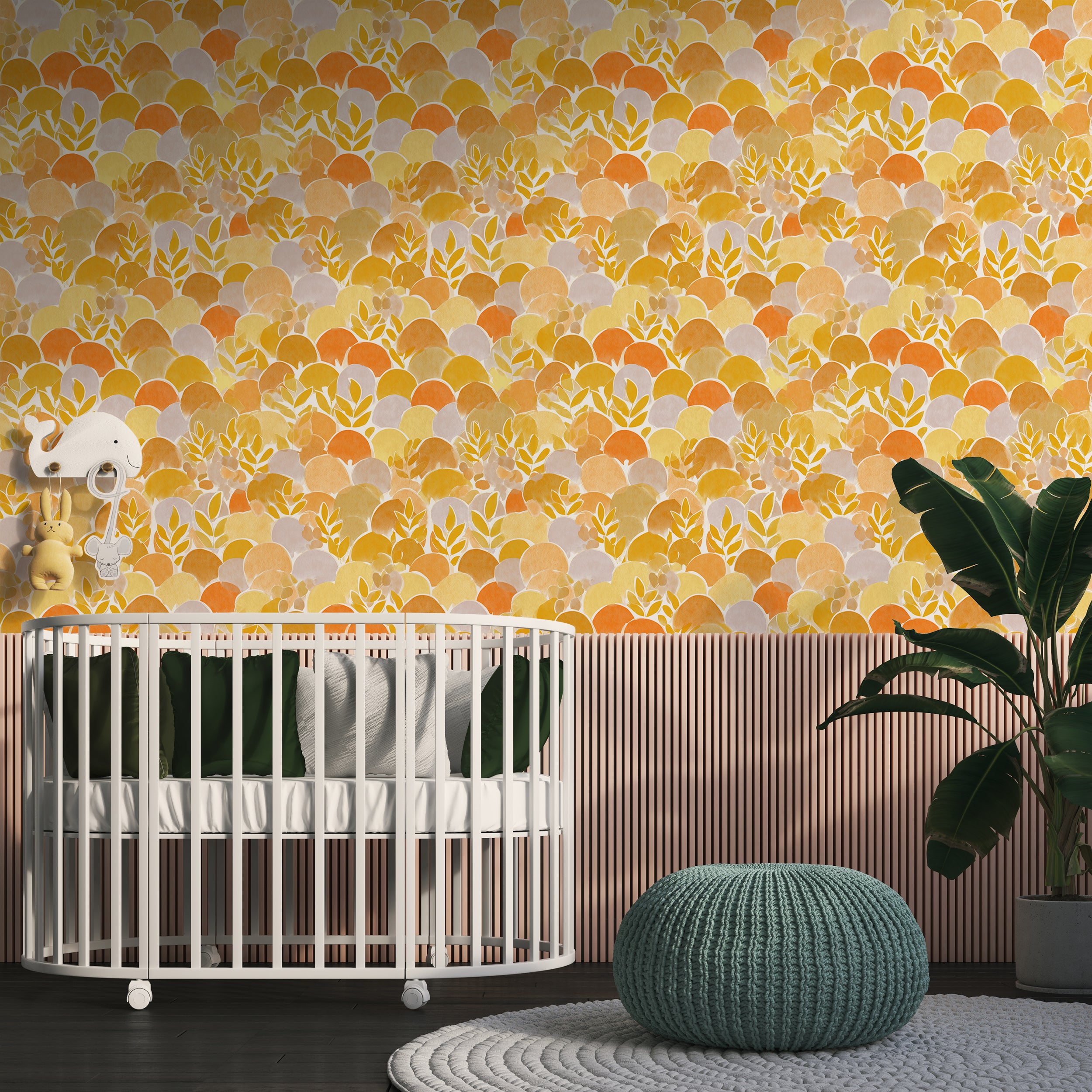 Golden Orange Watercolor Leafy Pattern Wallpaper Modern Botanical Autumn Leaves