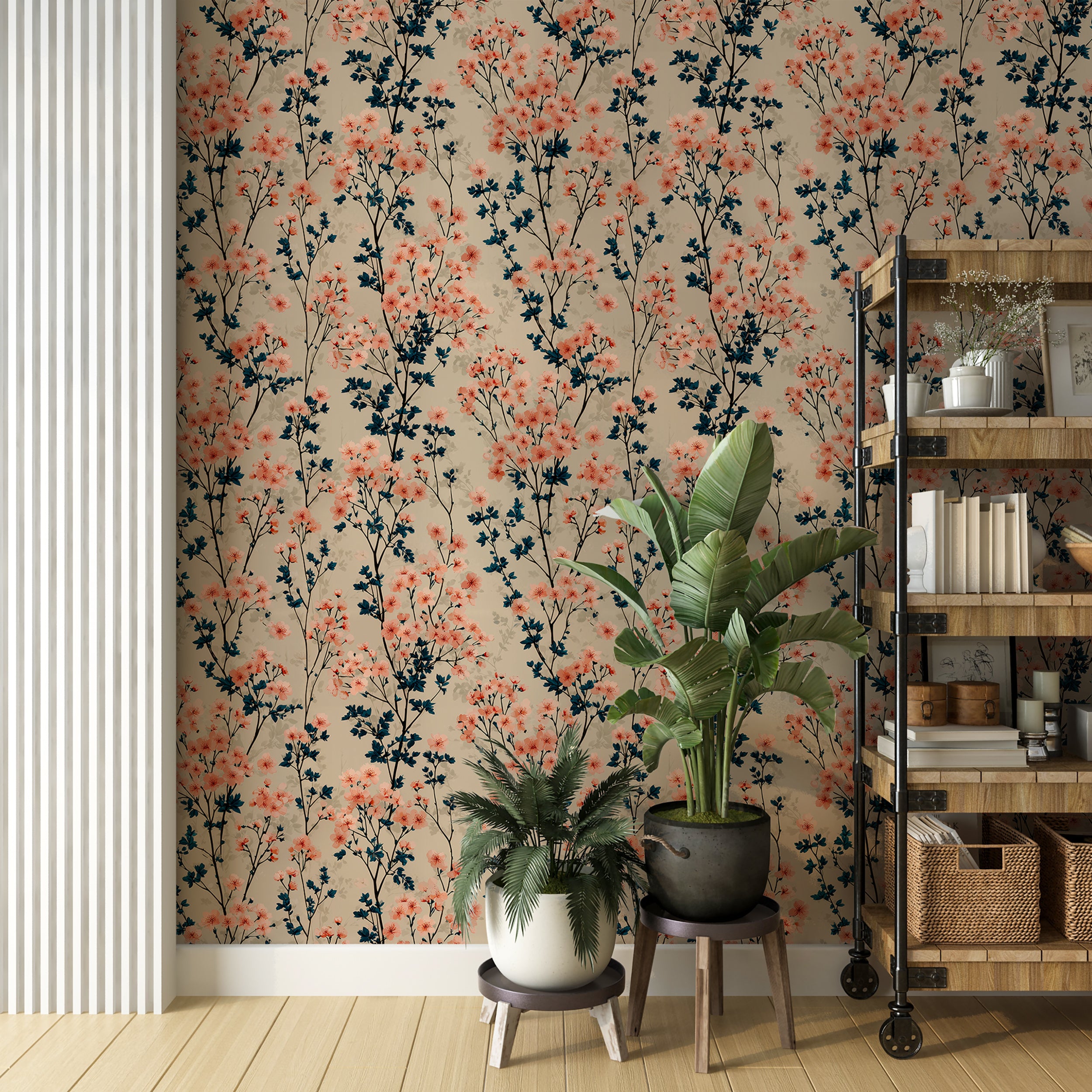 Botanical teal and peach floral design

Blooming flower vintage wallpaper style
