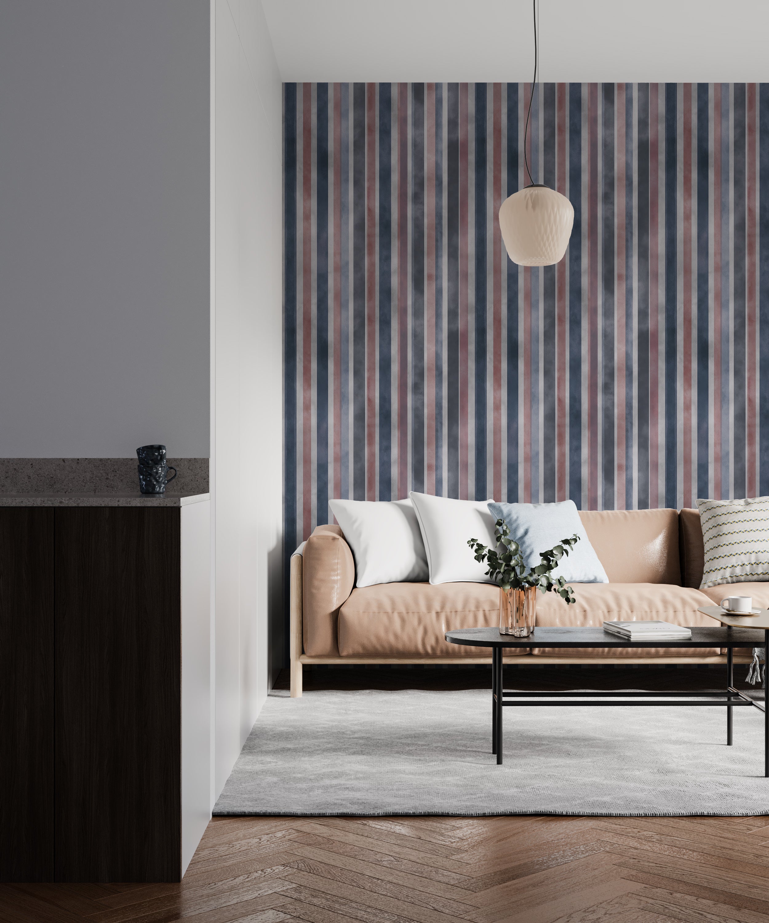 Soft Striped Watercolor Wallpaper in Navy Blue Red and Grey Tones