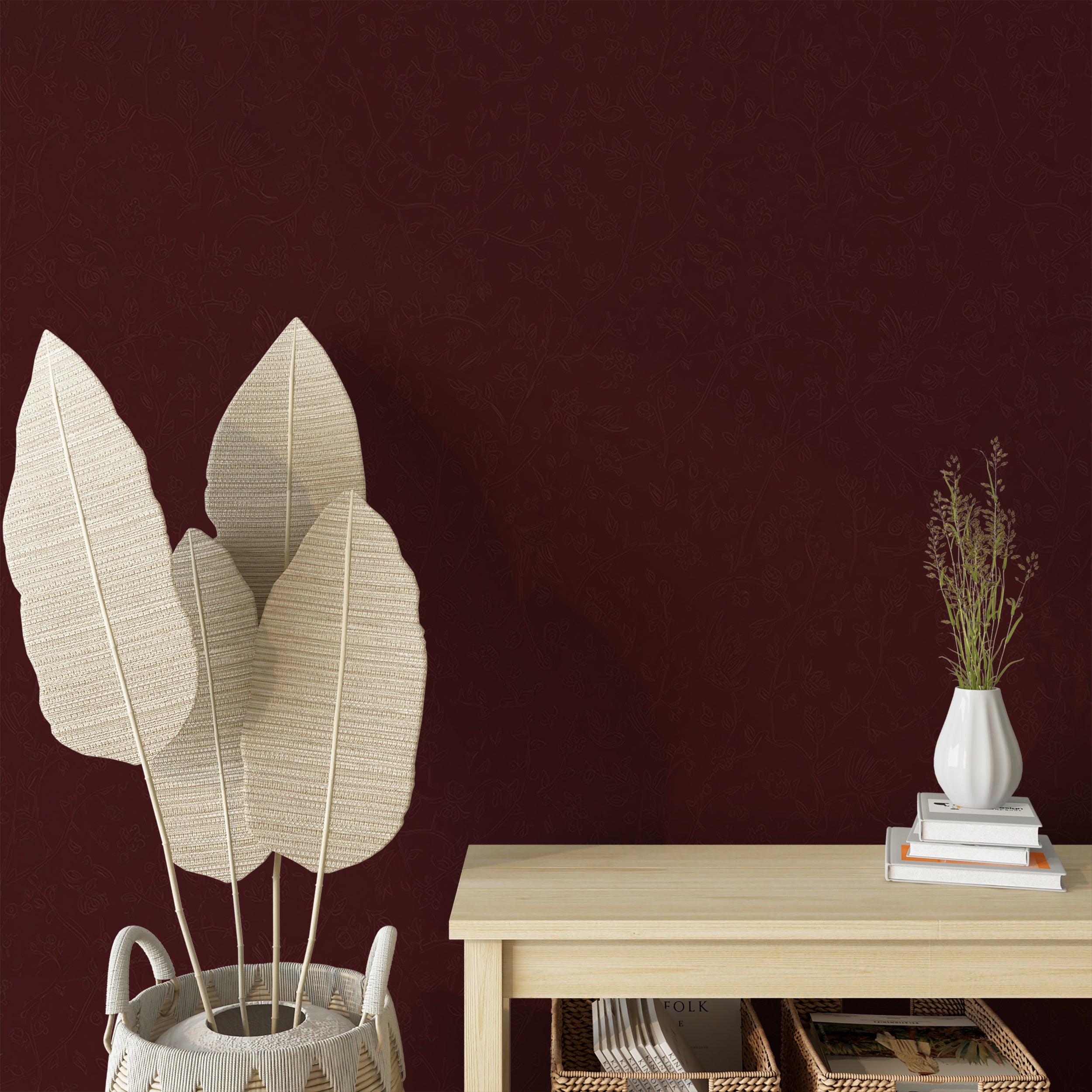 Dark Burgundy Wallpaper Botanical Line Art Pattern with Elegant Floral Vines and Delicate Minimalist Plant Motifs