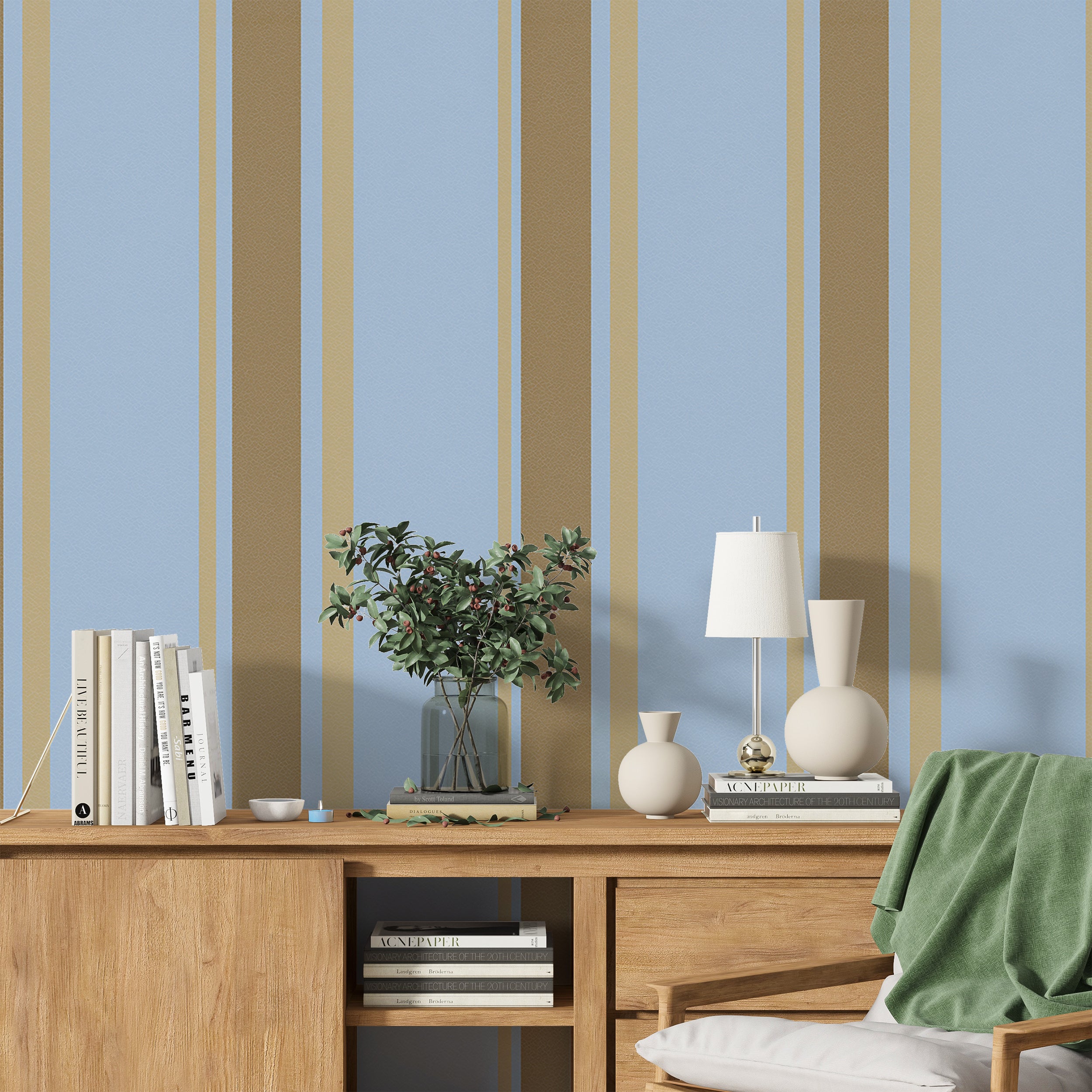 Light Blue and Brown Vertical Striped Wallpaper with Soft Earthy Neutral Tones and Elegant Classic Narrow Wide Line Pattern